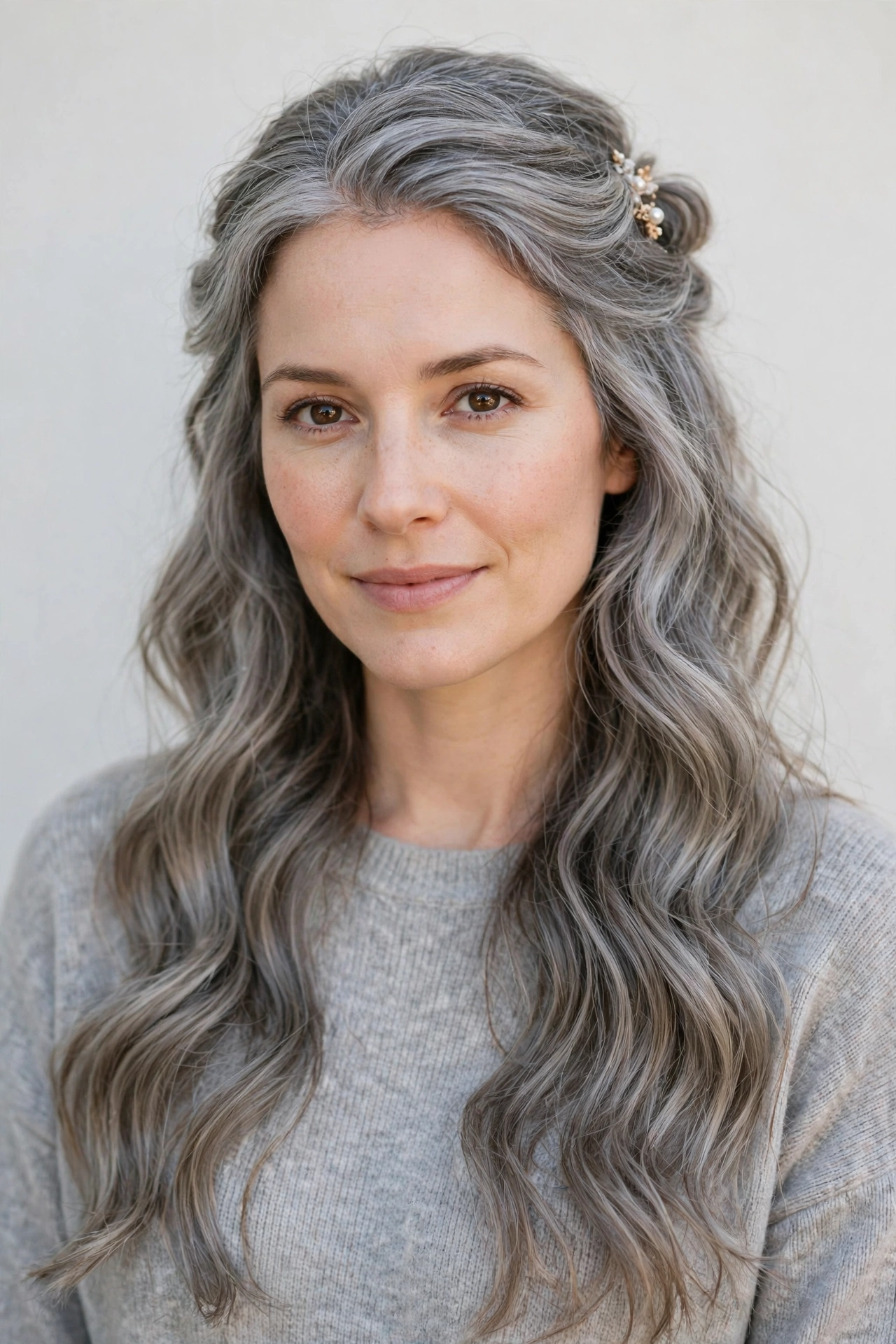 Soft Grey-Blended Romantic Half Up Hairstyles with A Dainty Hair Clip