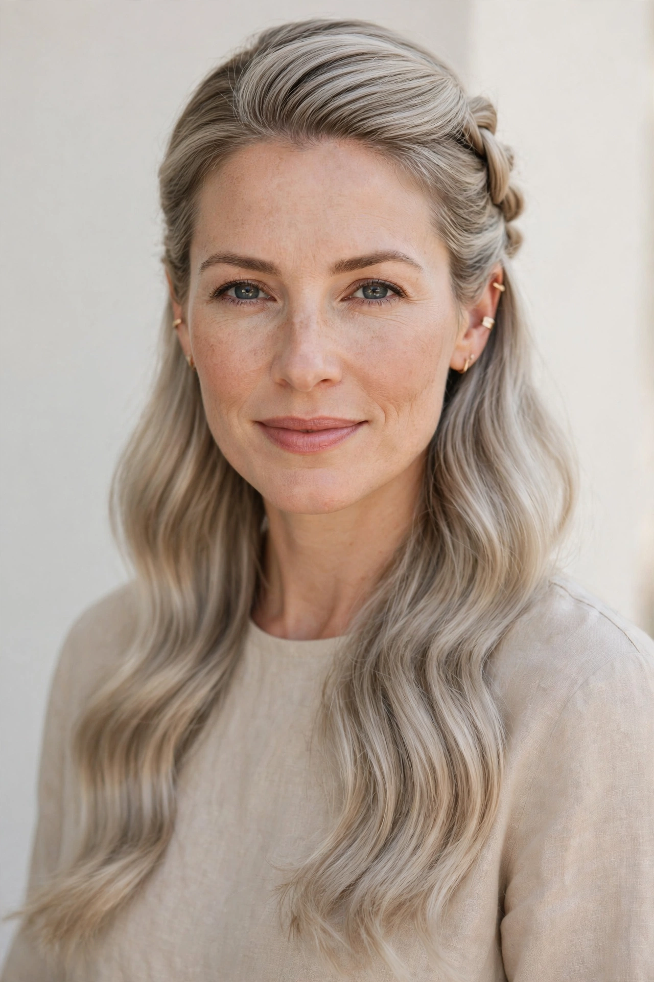 Romantic Half Up Hairstyles in ash blonde with a smooth and polished finish