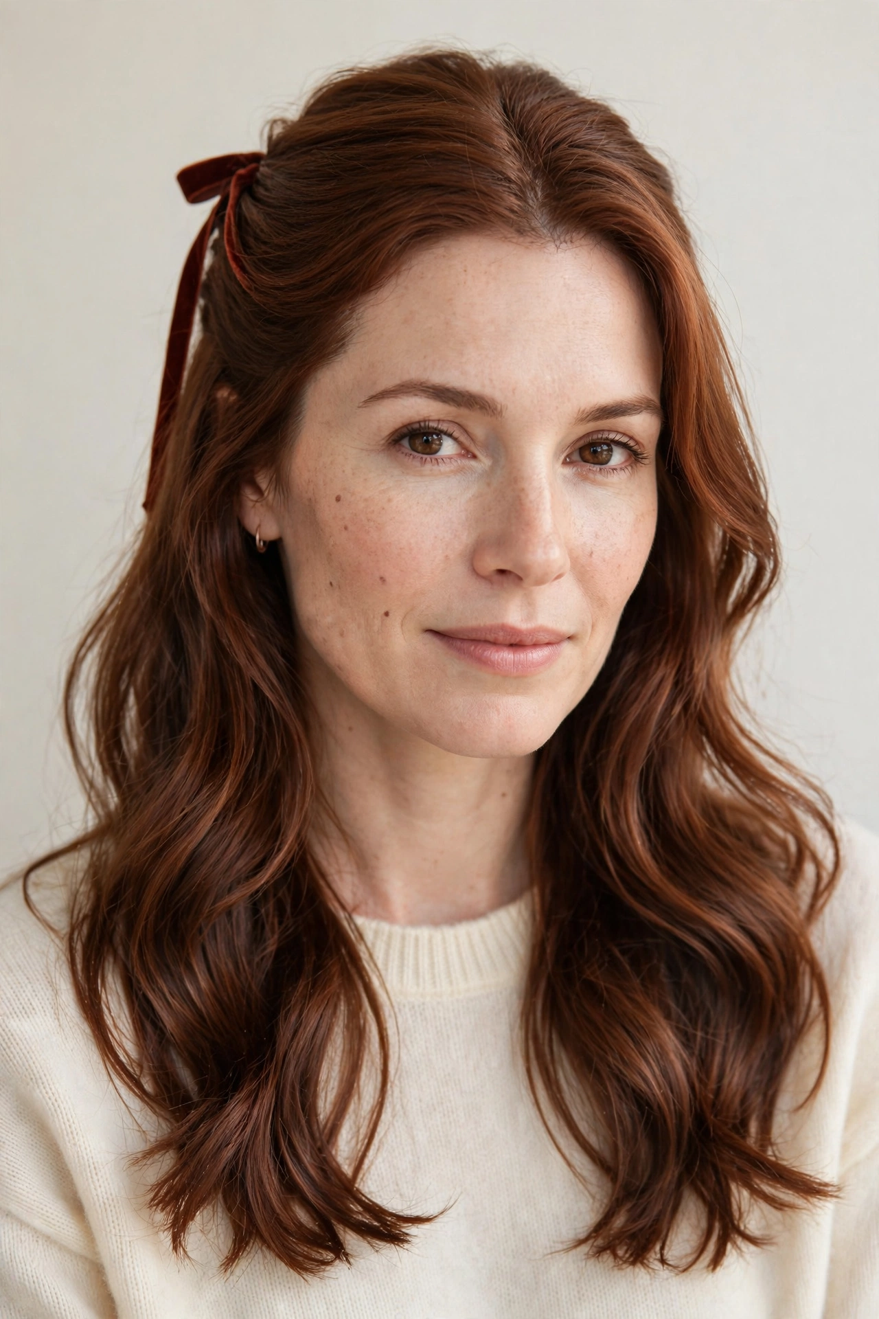 Soft Auburn Romantic Half Up Hairstyles with A Slim Velvet Ribbon