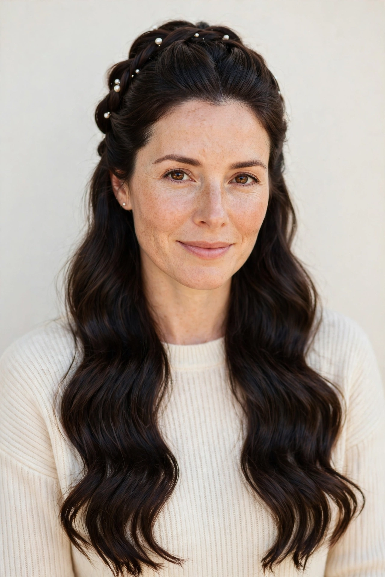 Romantic Half Up Hairstyles in deep brunette with a glossy and neat finish