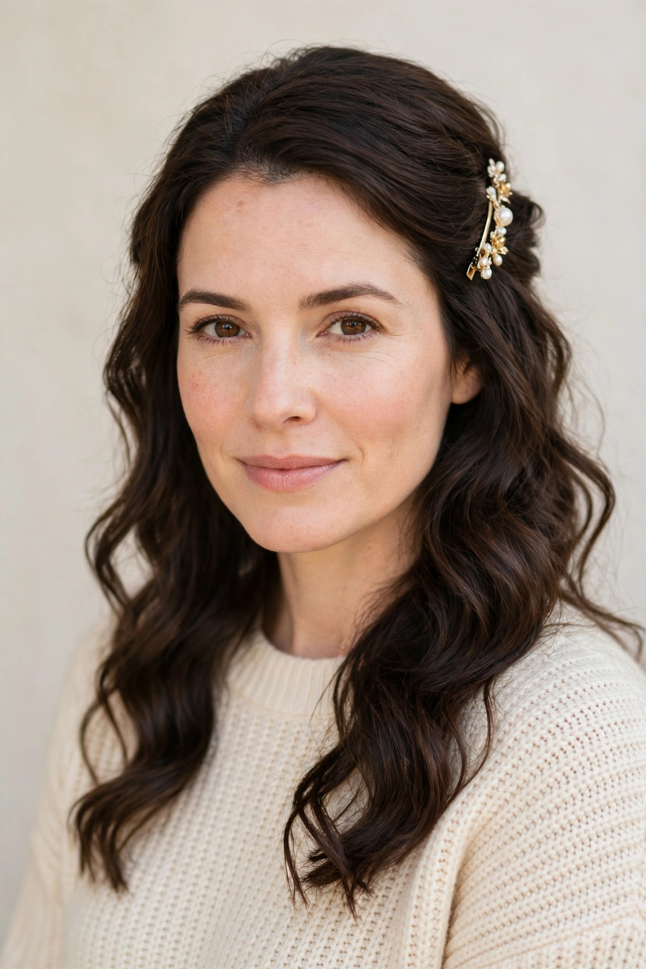 Dark Chocolate Romantic Half Up Hairstyles with A Pretty Barrette