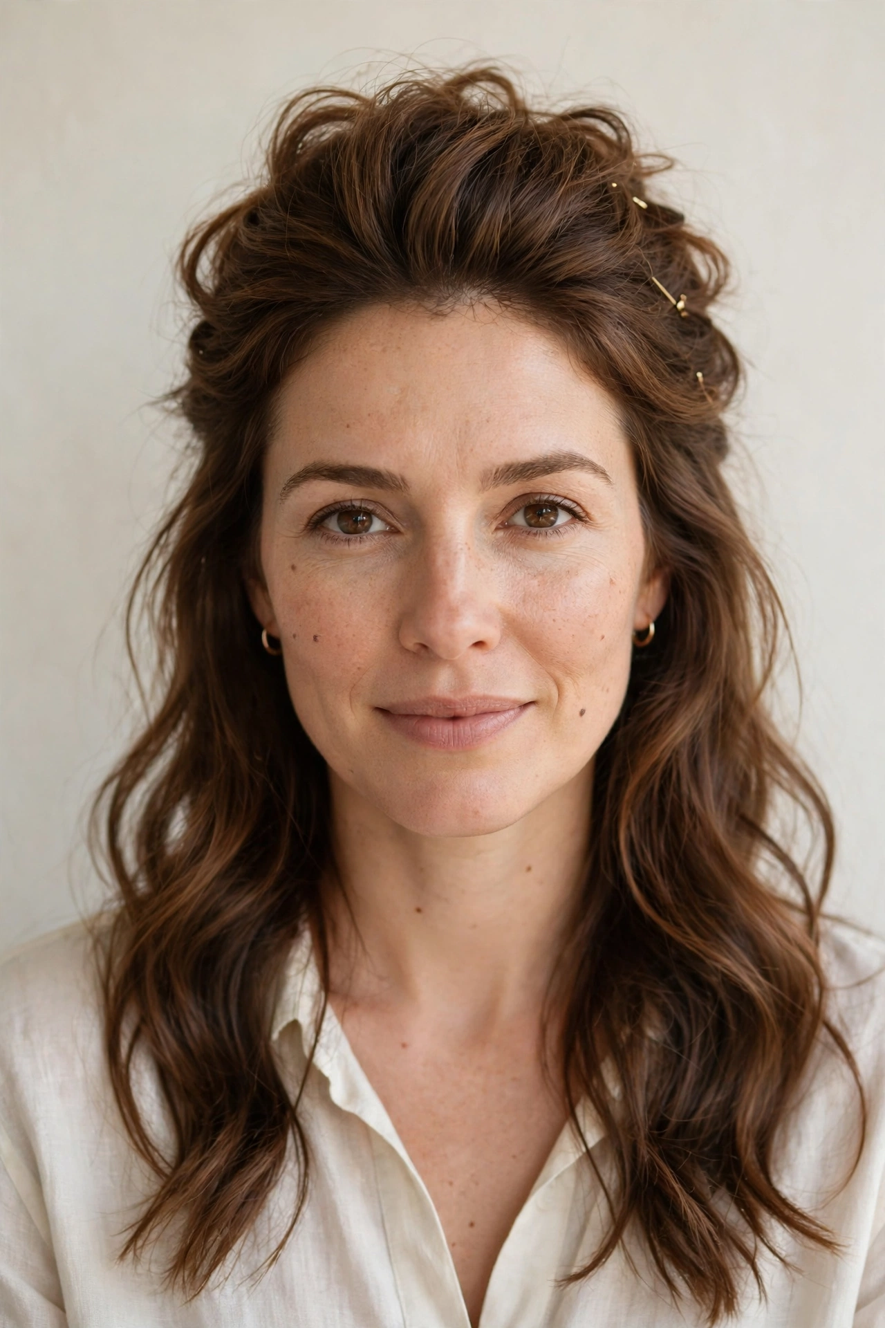 Romantic Half Up Hairstyles in warm brown with a voluminous at the roots finish