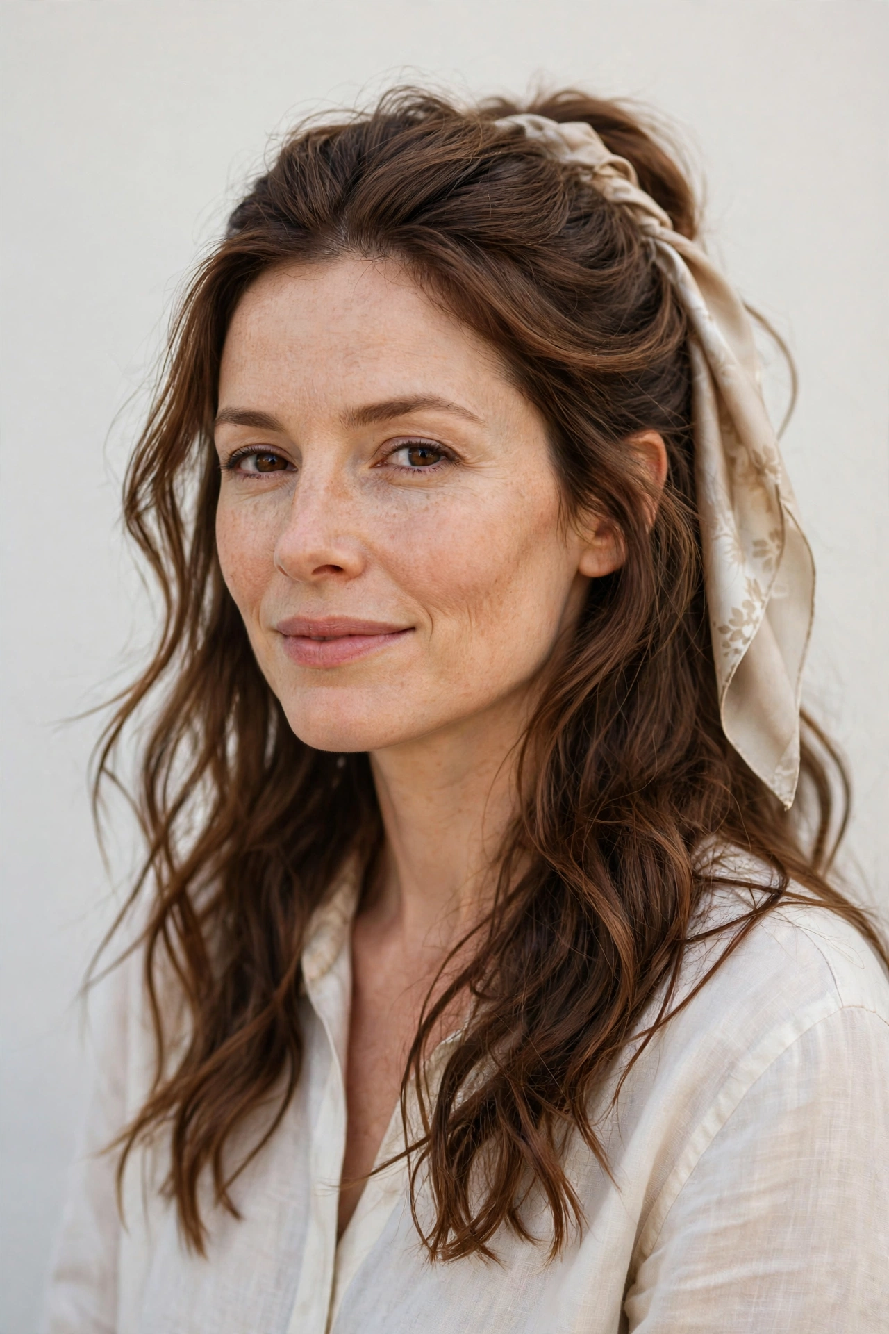 Chestnut Romantic Half Up Hairstyles with A Silk Scarf Accent
