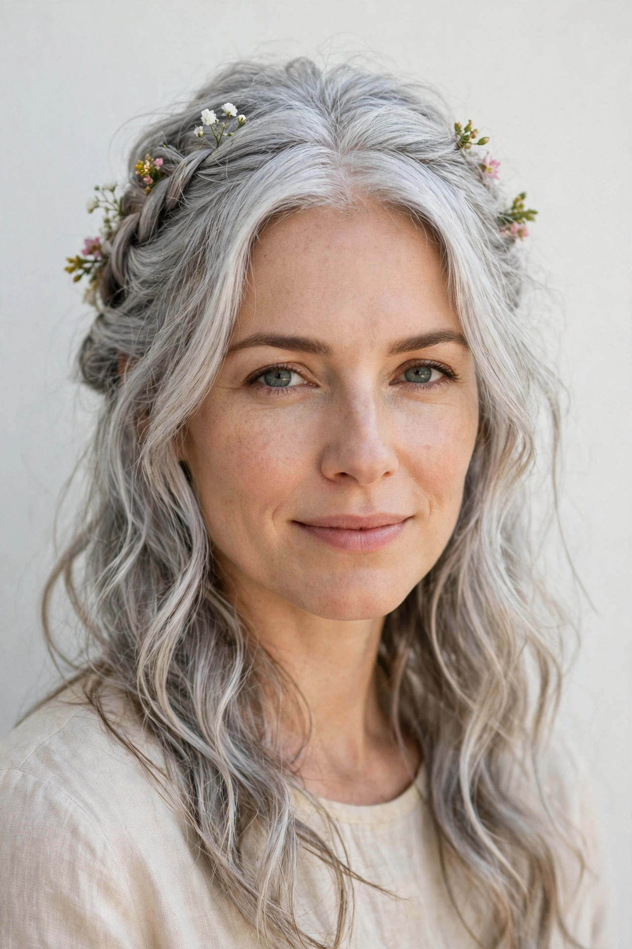 Romantic Half Up Hairstyles in silver with a gently tousled finish