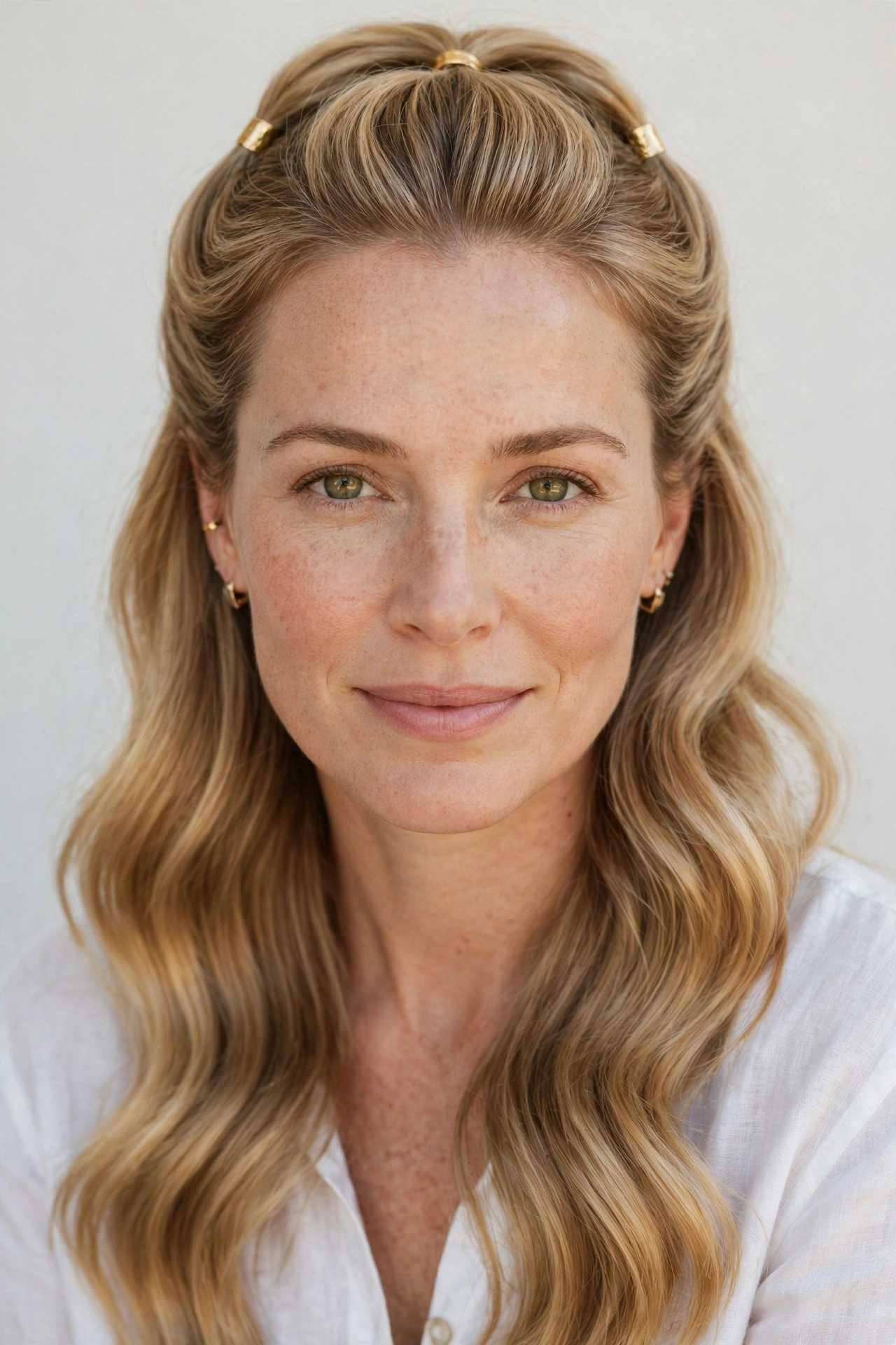 Romantic Half Up Hairstyles in honey blonde with a smooth and polished finish