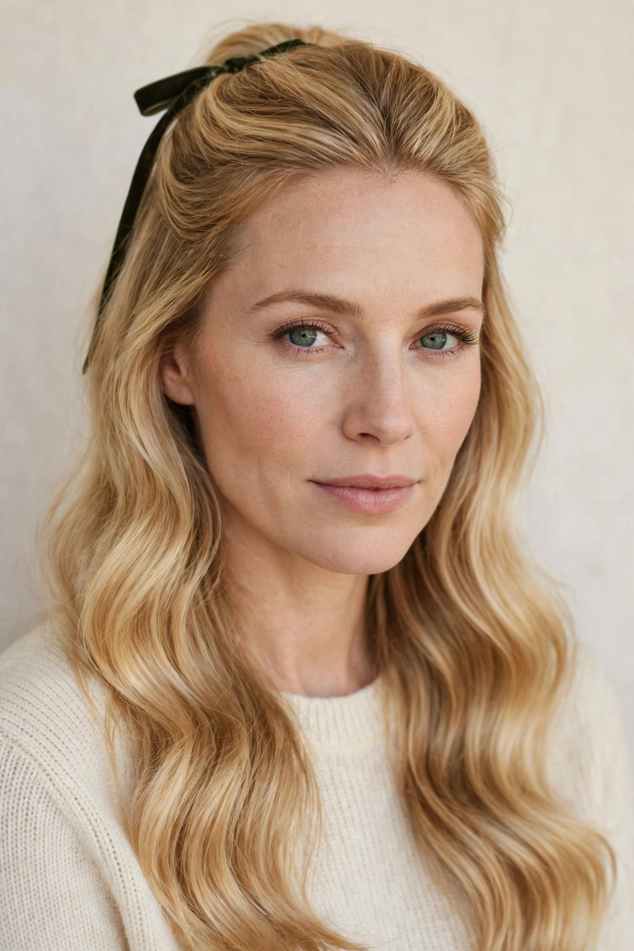 Golden Blonde Romantic Half Up Hairstyles with A Slim Velvet Ribbon