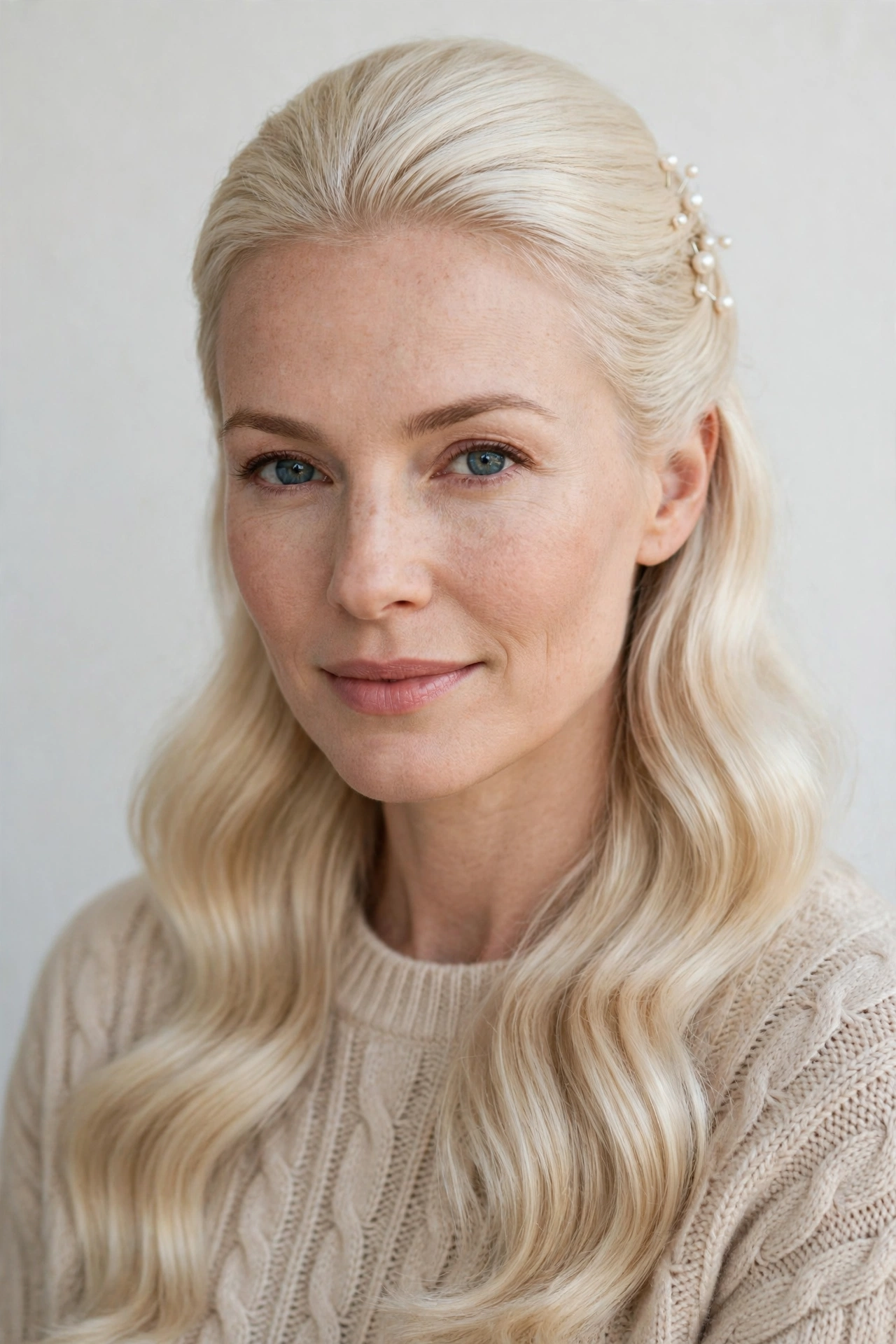 Romantic Half Up Hairstyles in platinum blonde with a glossy and neat finish