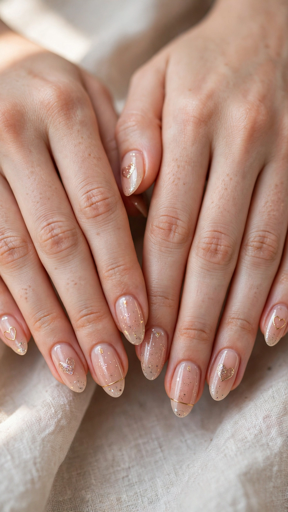Romantic Heart and Glitter Nails in Almond with Tiny Gold Line