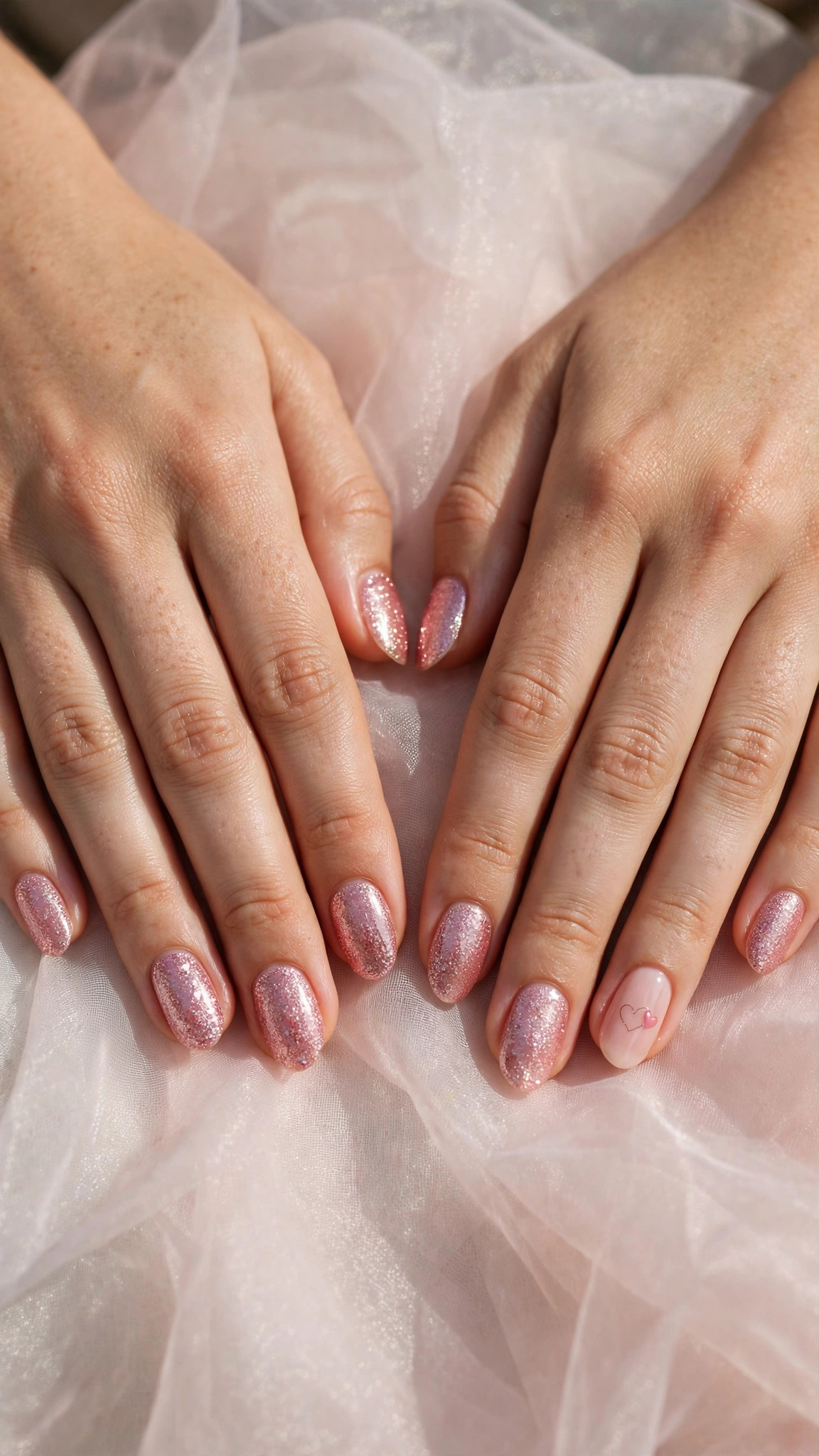 Romantic Heart and Glitter Nails in Oval with Single Tiny Heart