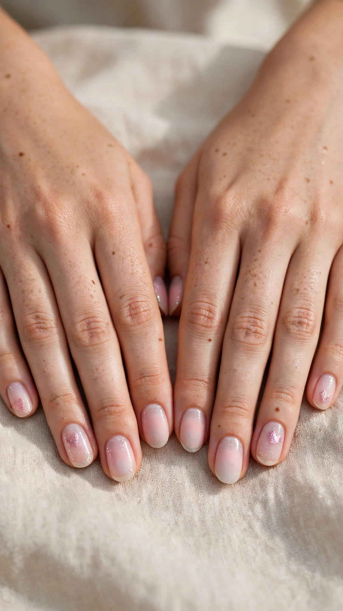 Romantic Heart and Glitter Nails in Short Oval with Soft Ombre Fade