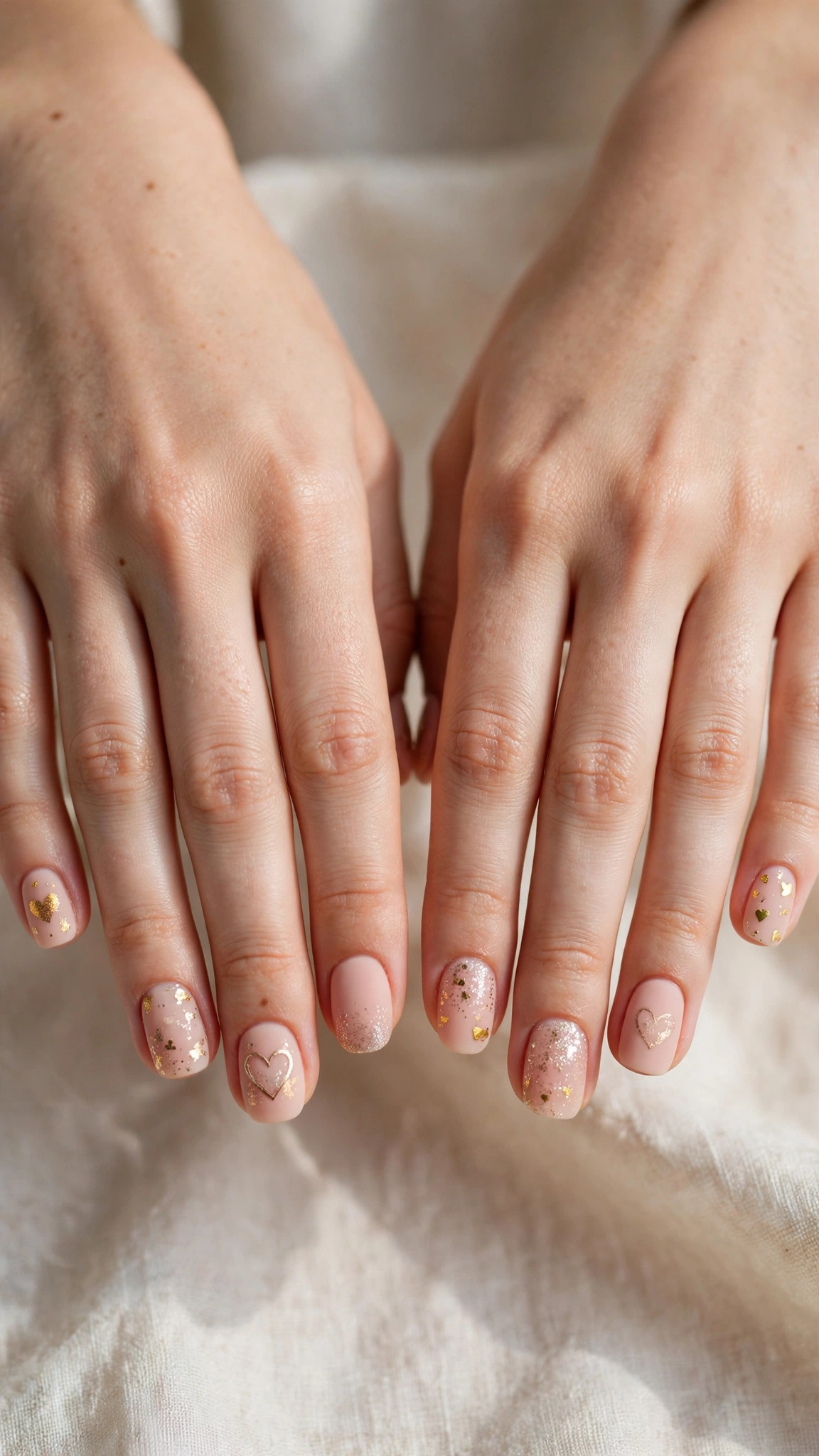 Romantic Heart and Glitter Nails in Rounded Square with Fine Gold Foil Fleck