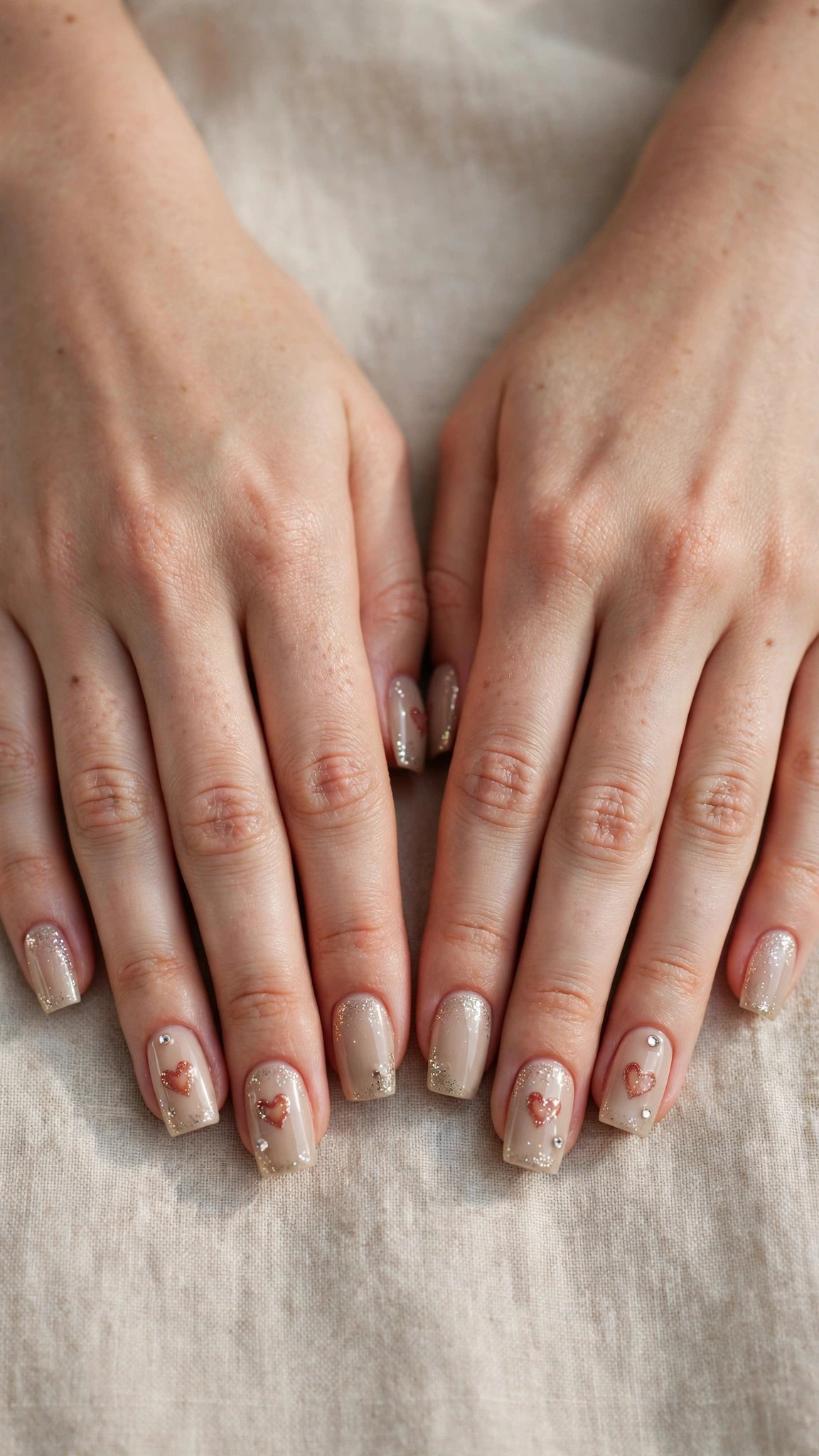Romantic Heart and Glitter Nails in Square with Tiny Crystal