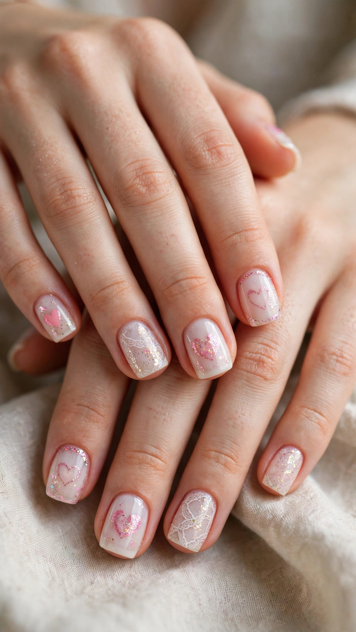 Romantic Heart and Glitter Nails in Short Square with Lace-Like Detail