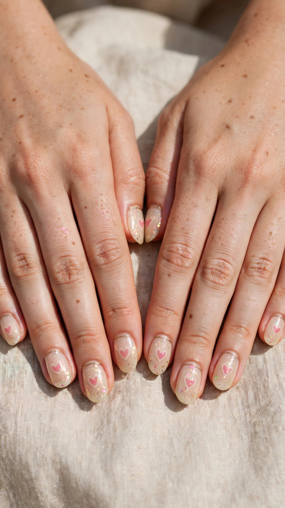 Romantic Heart and Glitter Nails in Round with Tiny Gold Line