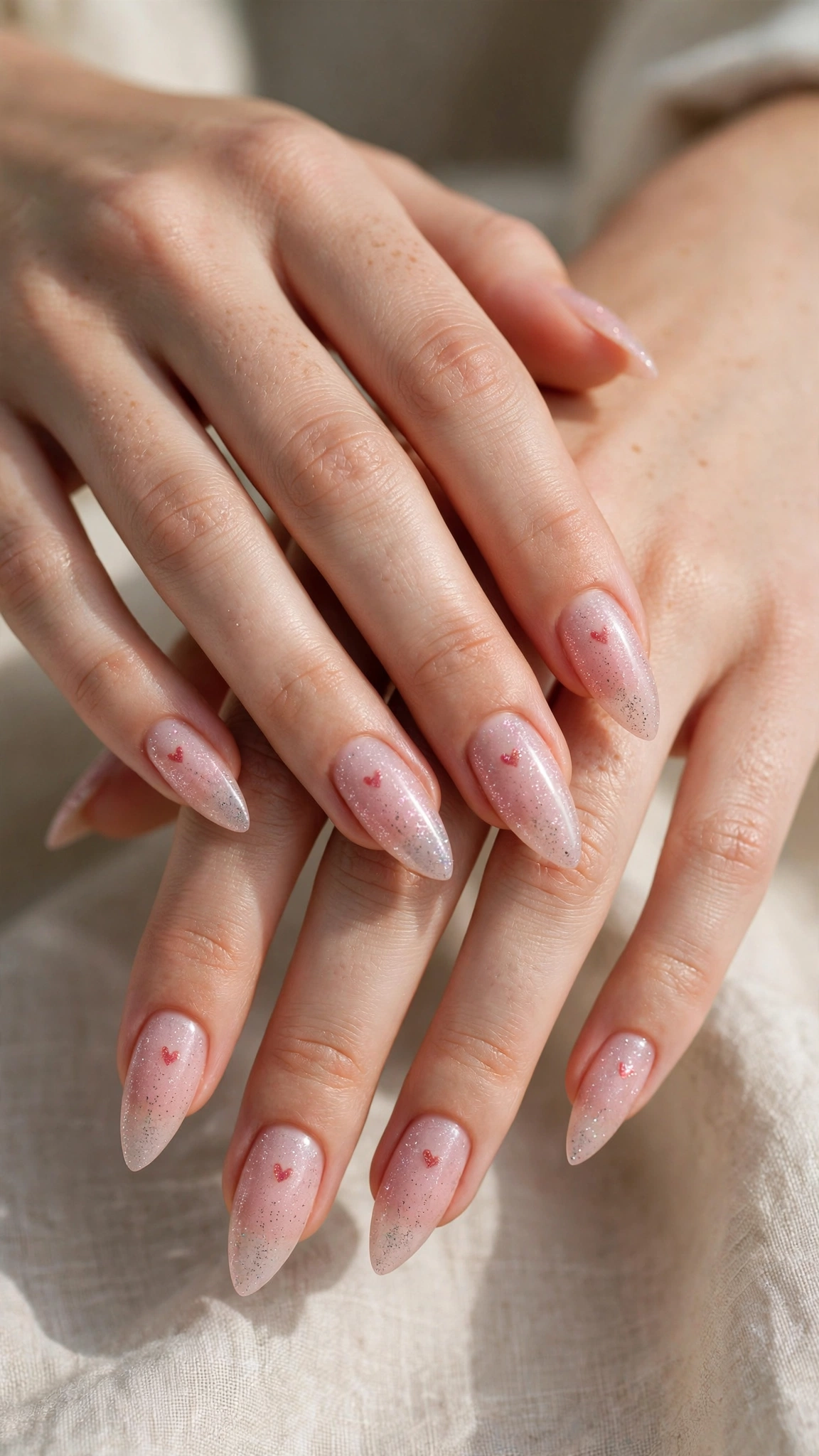 Romantic Heart and Glitter Nails in Soft Stiletto with Single Tiny Heart