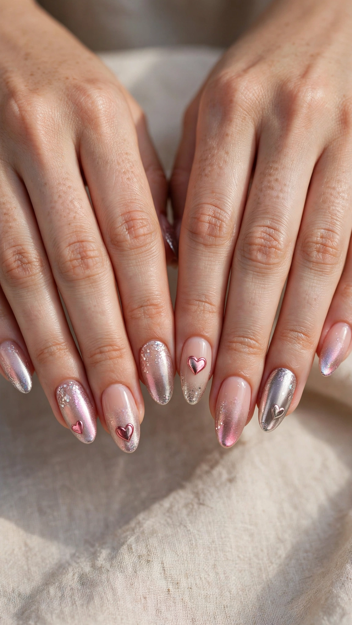 Romantic Heart and Glitter Nails in Almond with Soft Ombre Fade