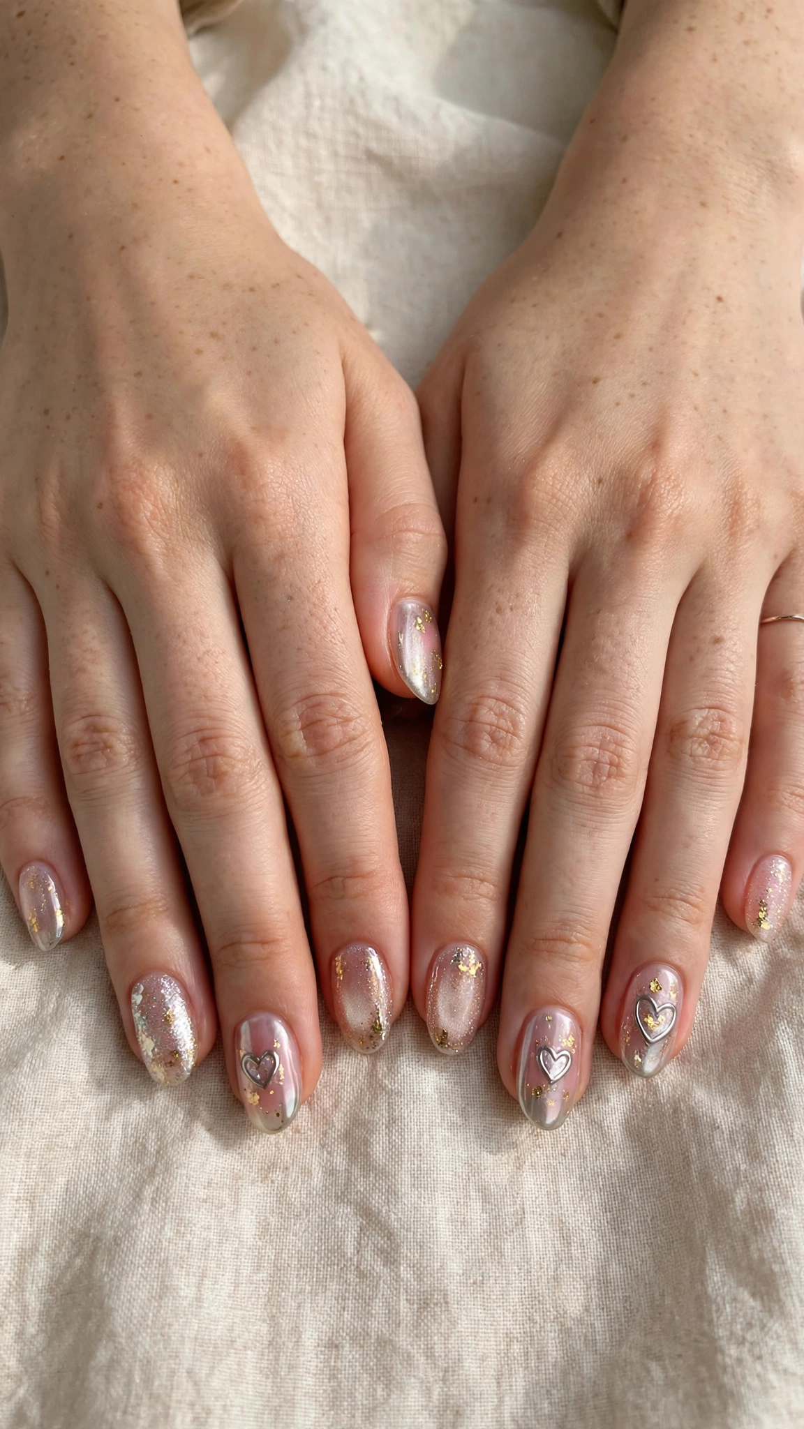 Romantic Heart and Glitter Nails in Oval with Fine Gold Foil Fleck