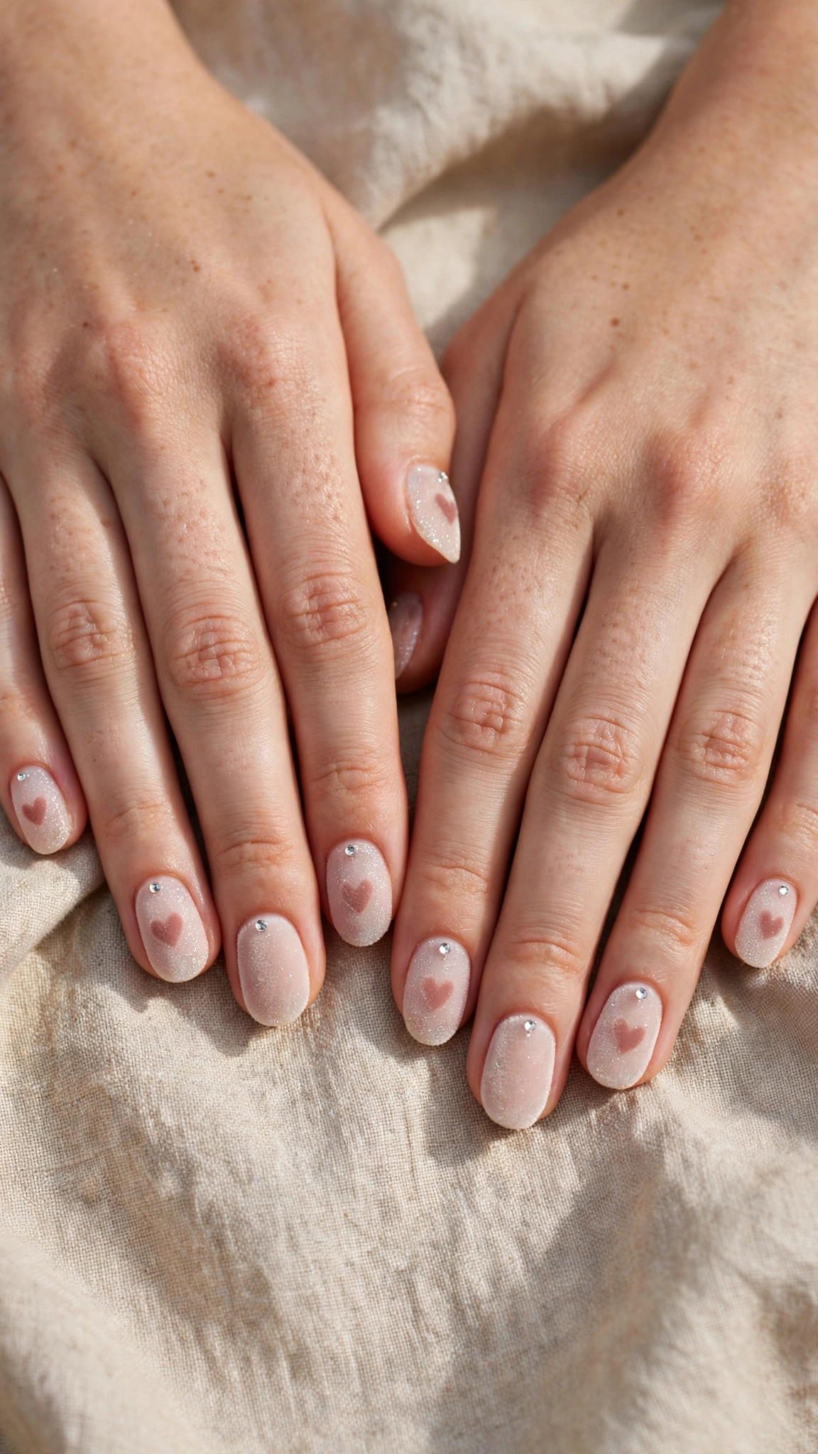 Romantic Heart and Glitter Nails in Short Oval with Tiny Crystal