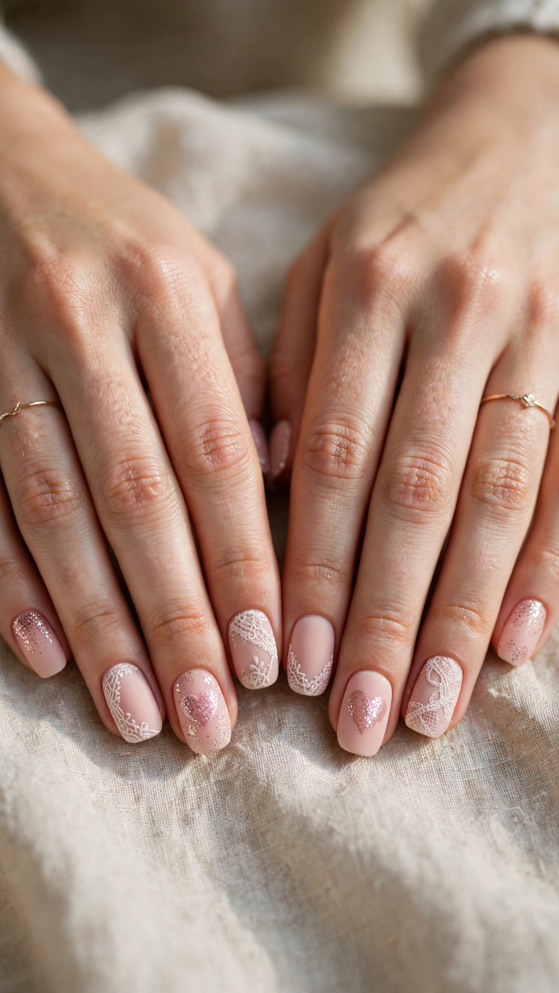 Romantic Heart and Glitter Nails in Rounded Square with Lace-Like Detail