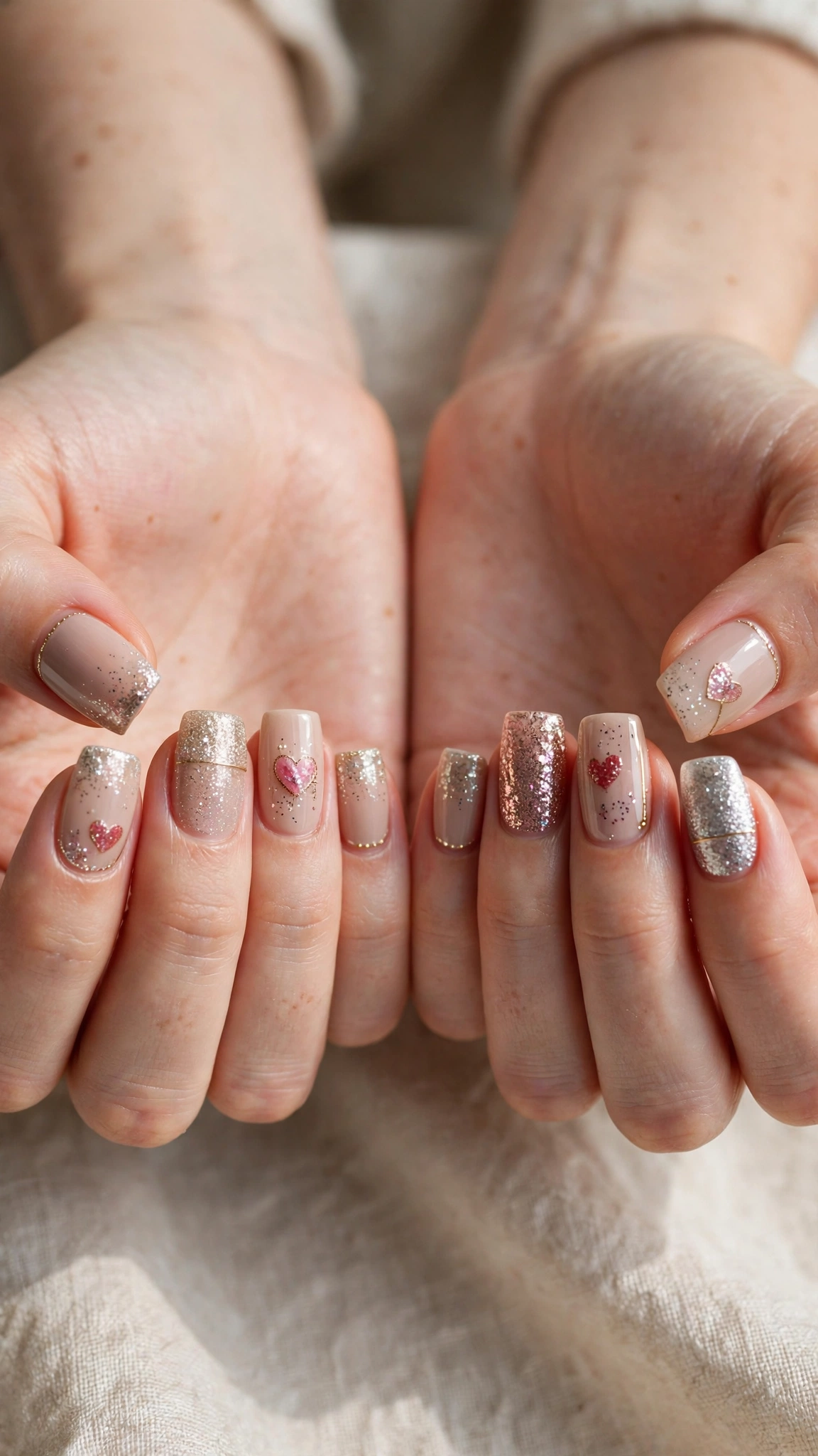 Romantic Heart and Glitter Nails in Square with Tiny Gold Line