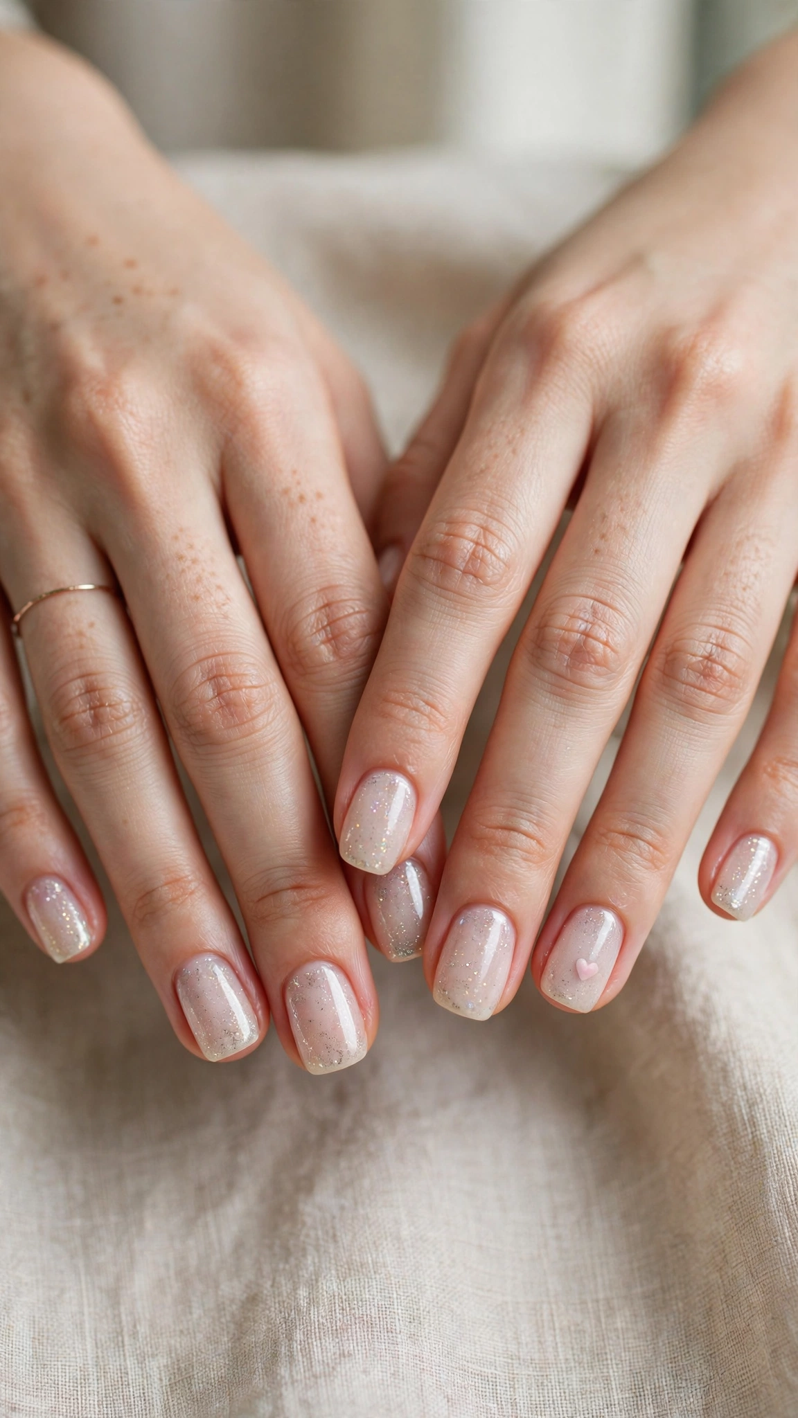 Romantic Heart and Glitter Nails in Short Square with Single Tiny Heart