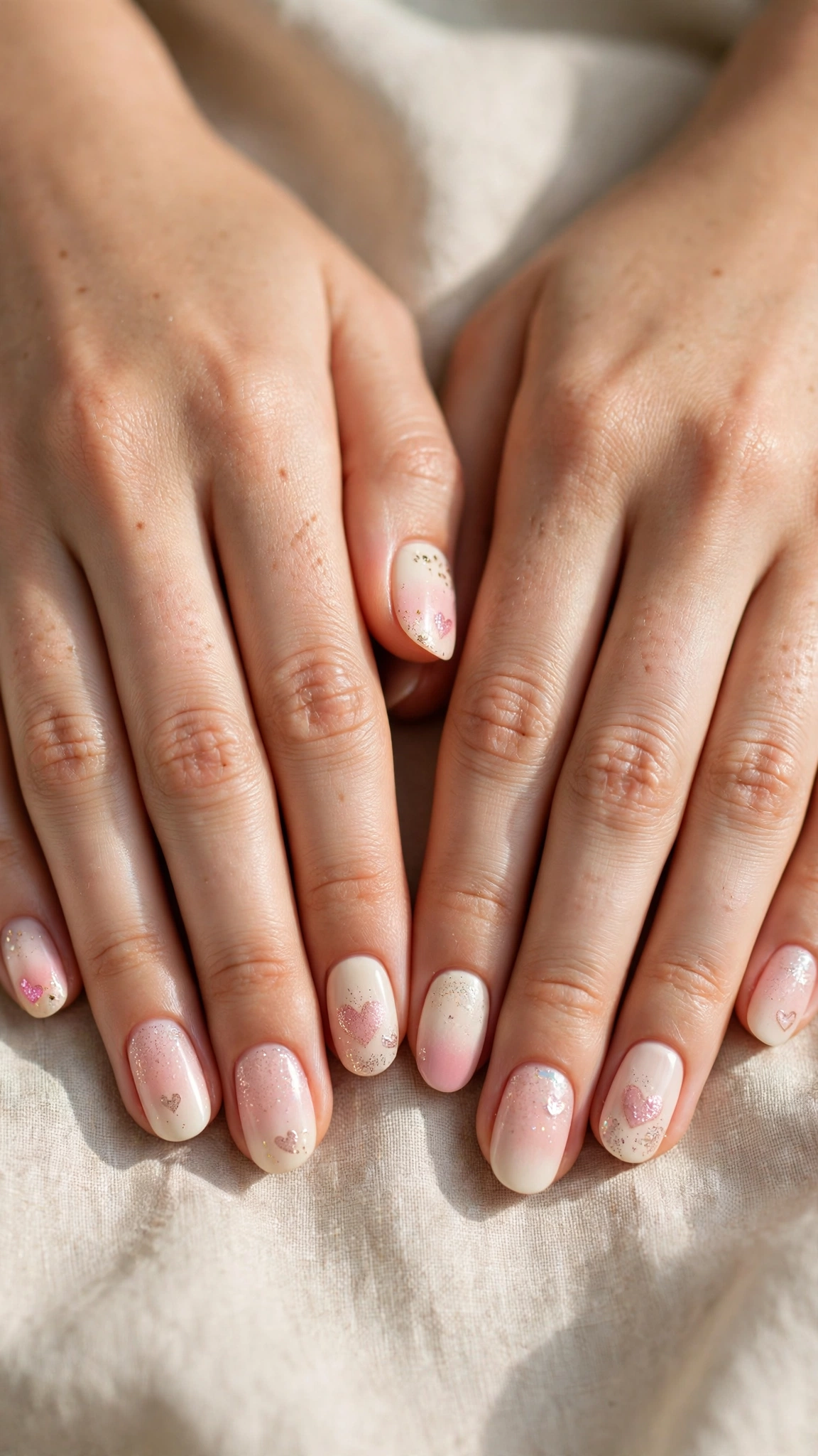 Romantic Heart and Glitter Nails in Round with Soft Ombre Fade