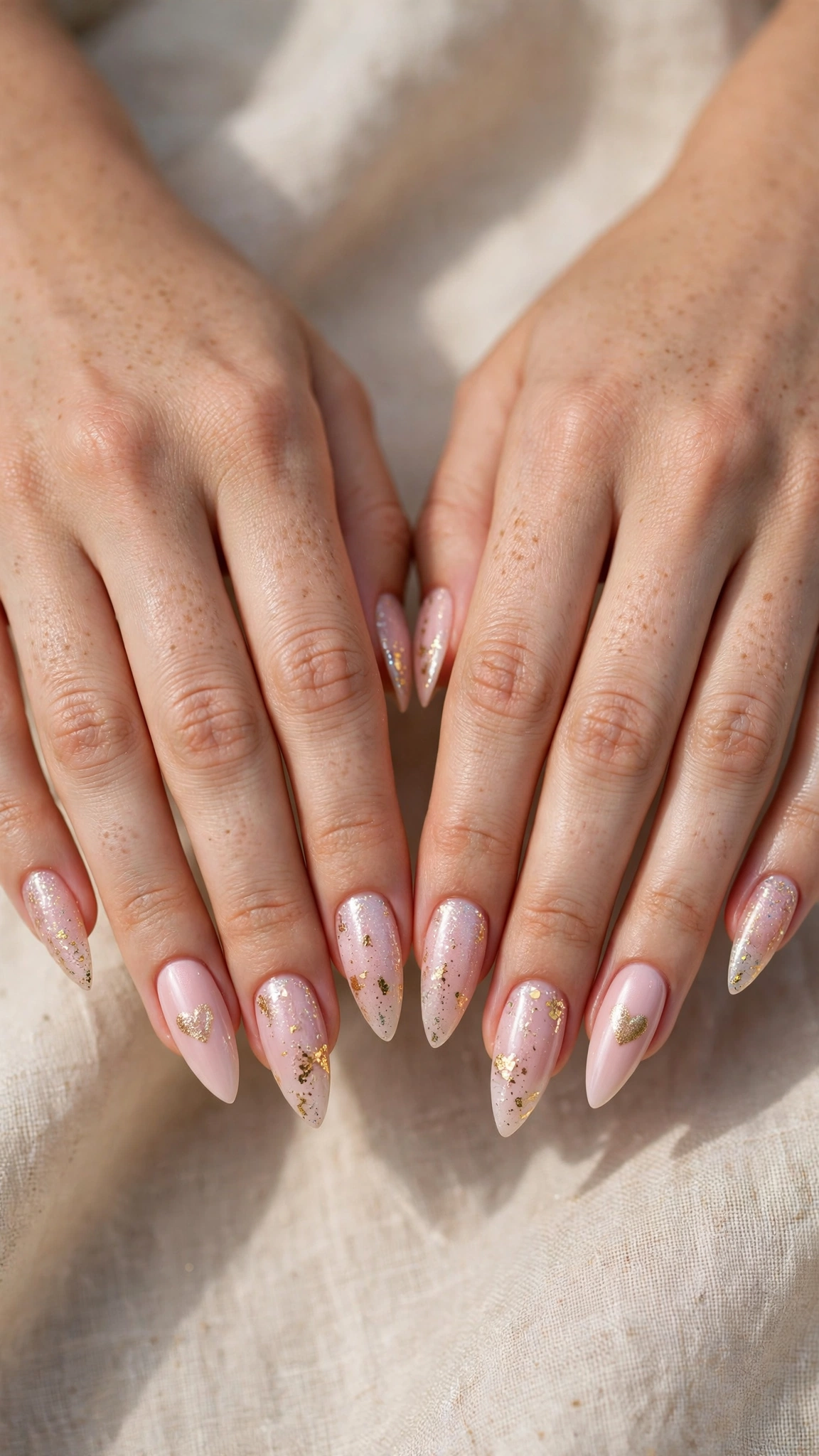 Romantic Heart and Glitter Nails in Soft Stiletto with Fine Gold Foil Fleck