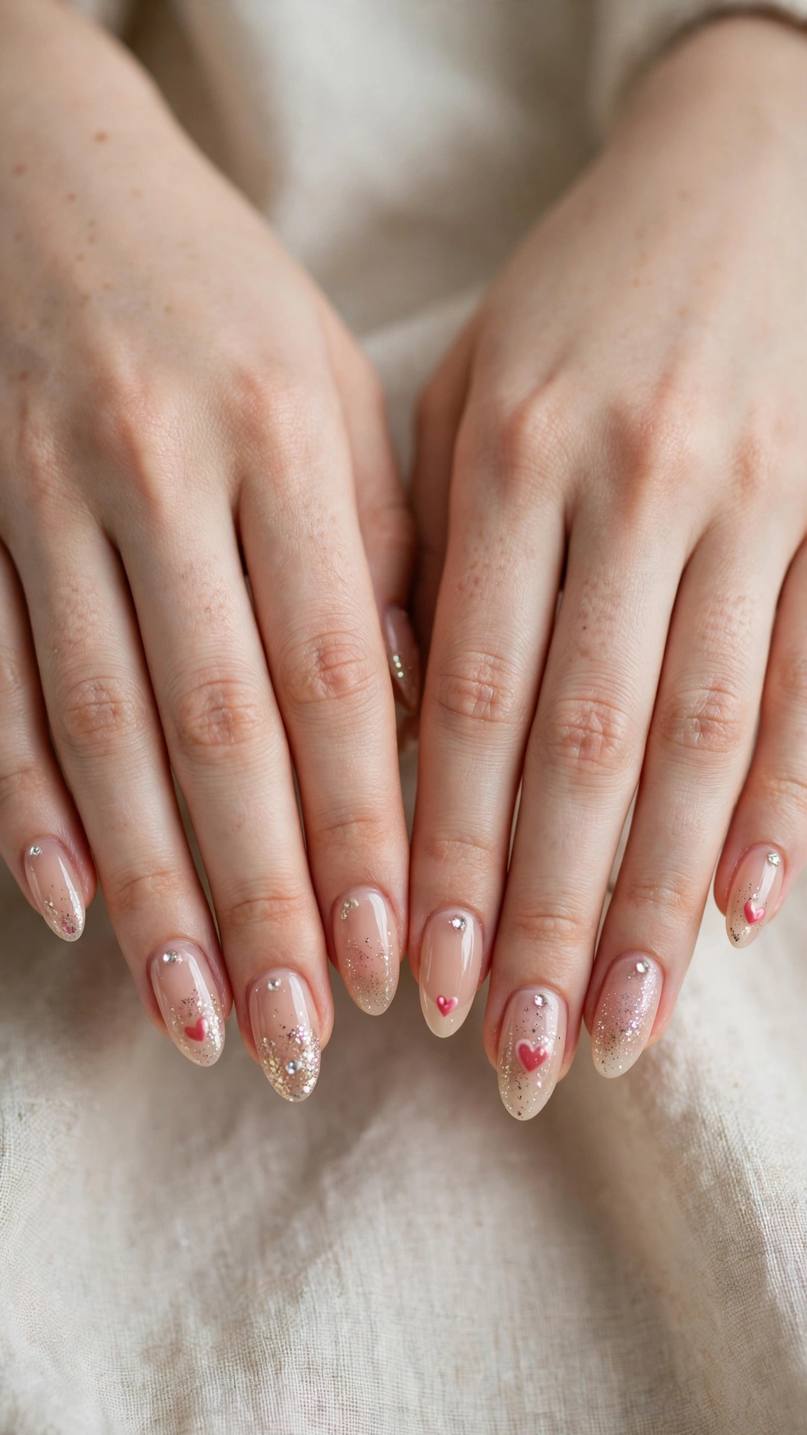 Romantic Heart and Glitter Nails in Almond with Tiny Crystal