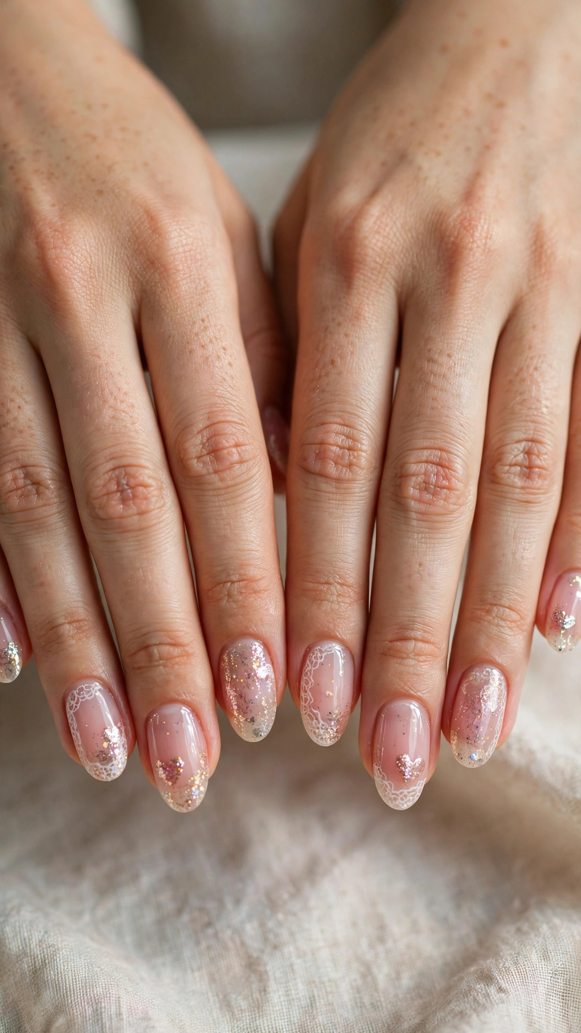 Romantic Heart and Glitter Nails in Oval with Lace-Like Detail