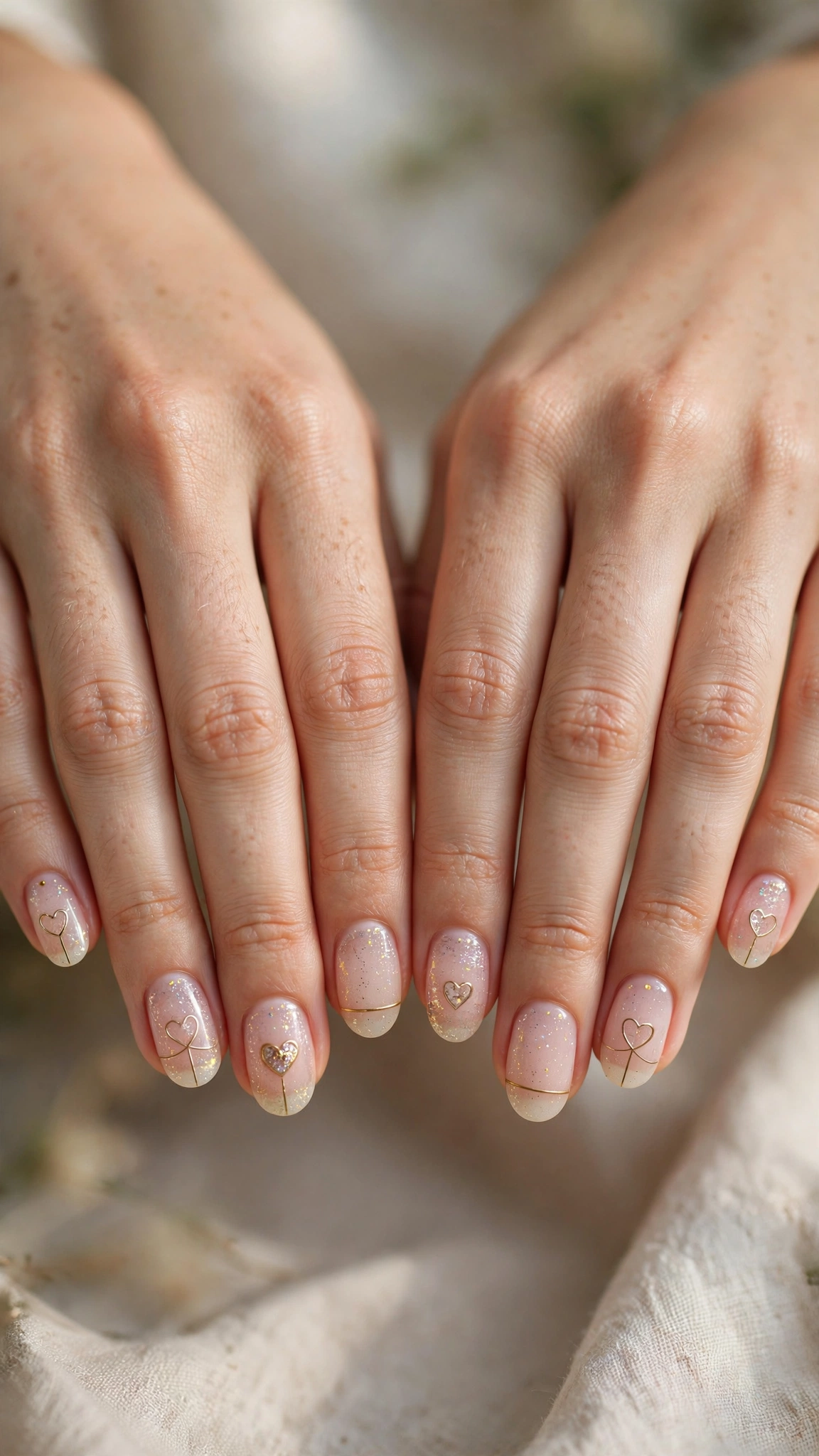Romantic Heart and Glitter Nails in Short Oval with Tiny Gold Line