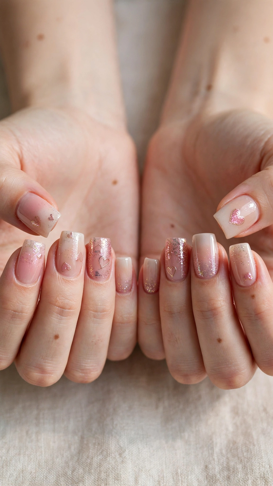 Romantic Heart and Glitter Nails in Square with Soft Ombre Fade