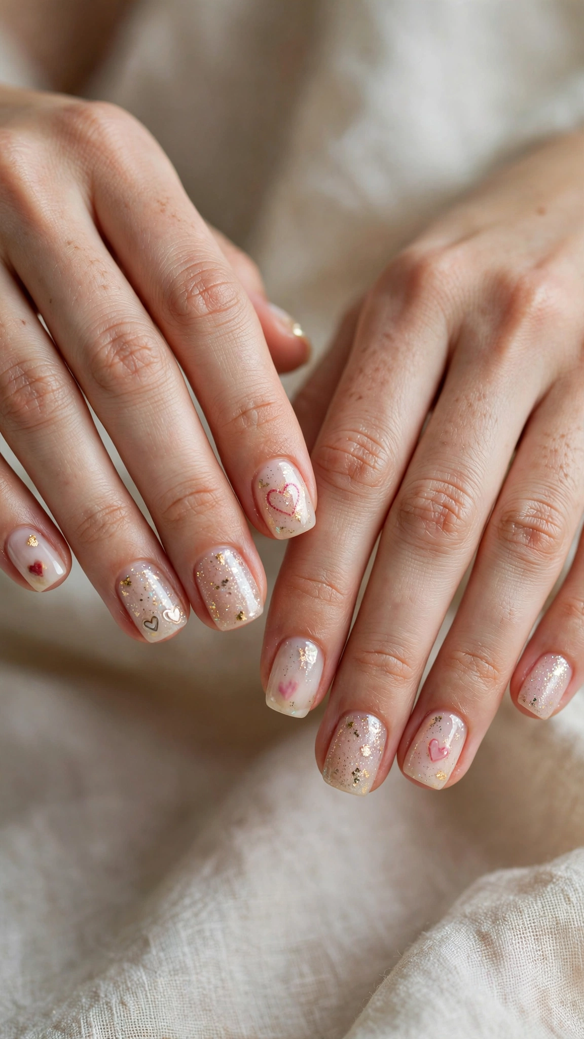 Romantic Heart and Glitter Nails in Short Square with Fine Gold Foil Fleck