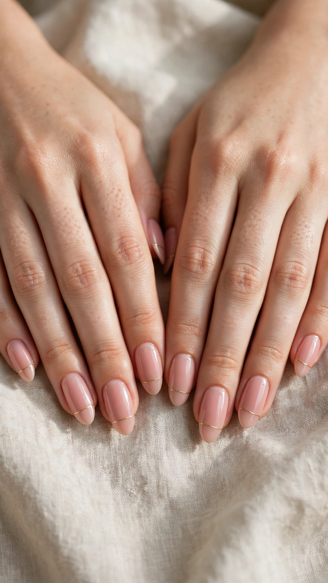 Romantic Nude Pink Nails in Almond with Tiny Gold Line