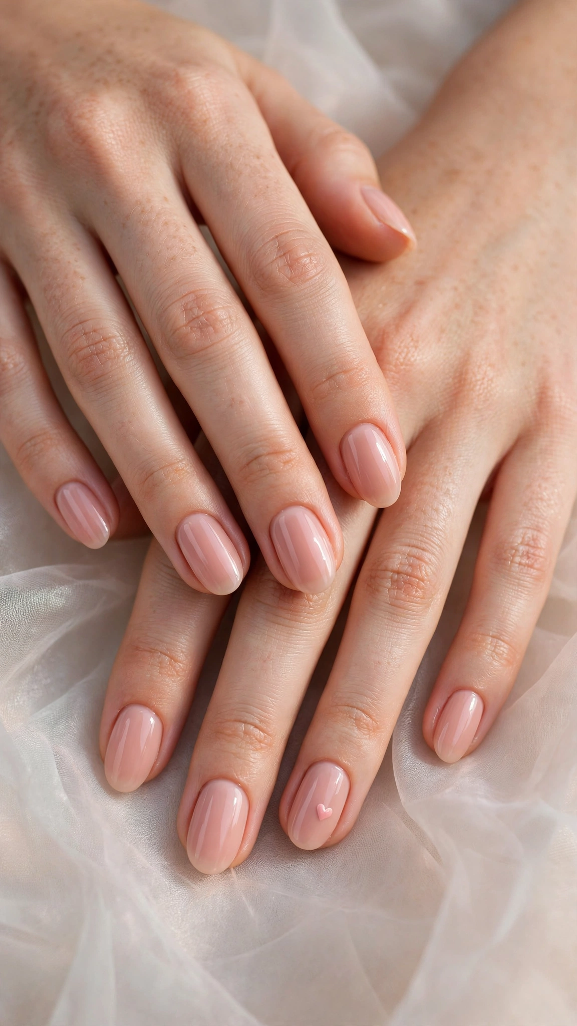 Romantic Nude Pink Nails in Oval with Single Tiny Heart