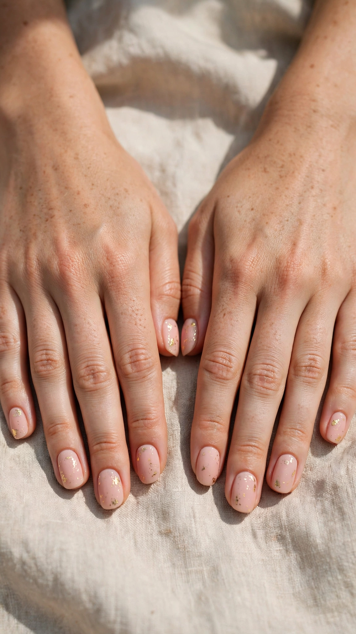 Romantic Nude Pink Nails in Rounded Square with Fine Gold Foil Fleck
