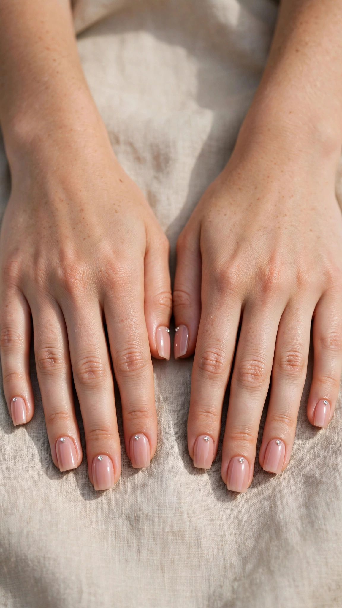 Romantic Nude Pink Nails in Square with Tiny Crystal