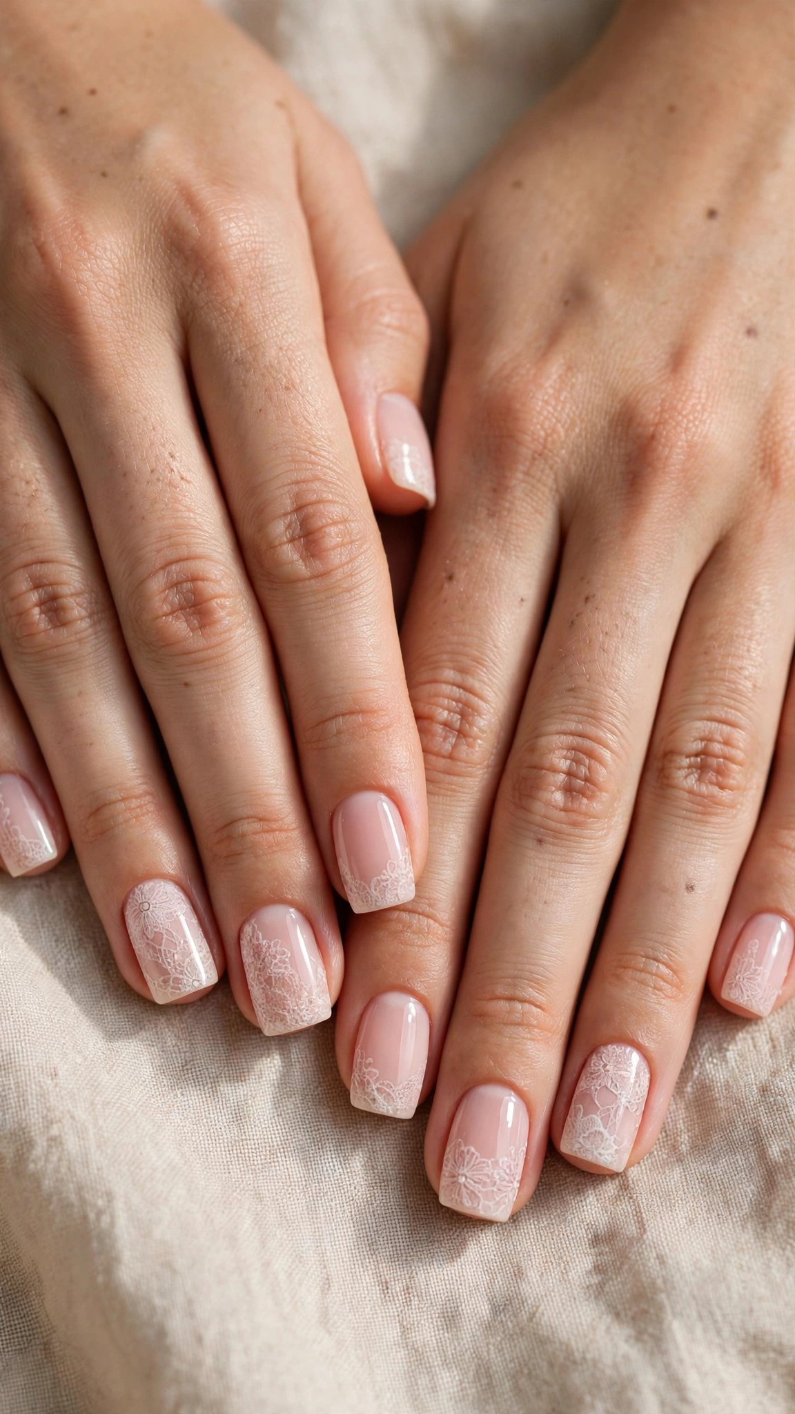 Romantic Nude Pink Nails in Short Square with Lace-Like Detail