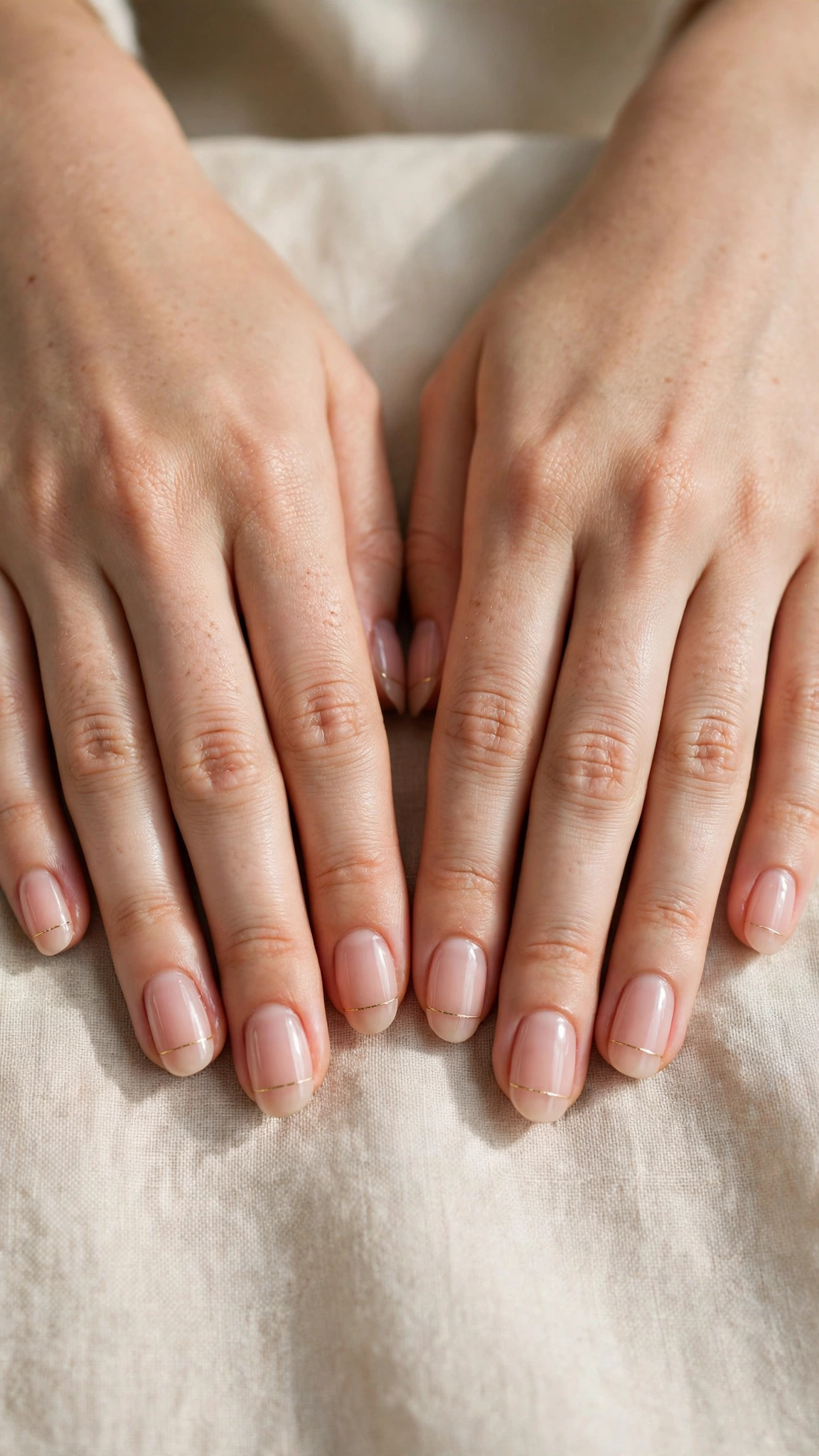 Romantic Nude Pink Nails in Round with Tiny Gold Line