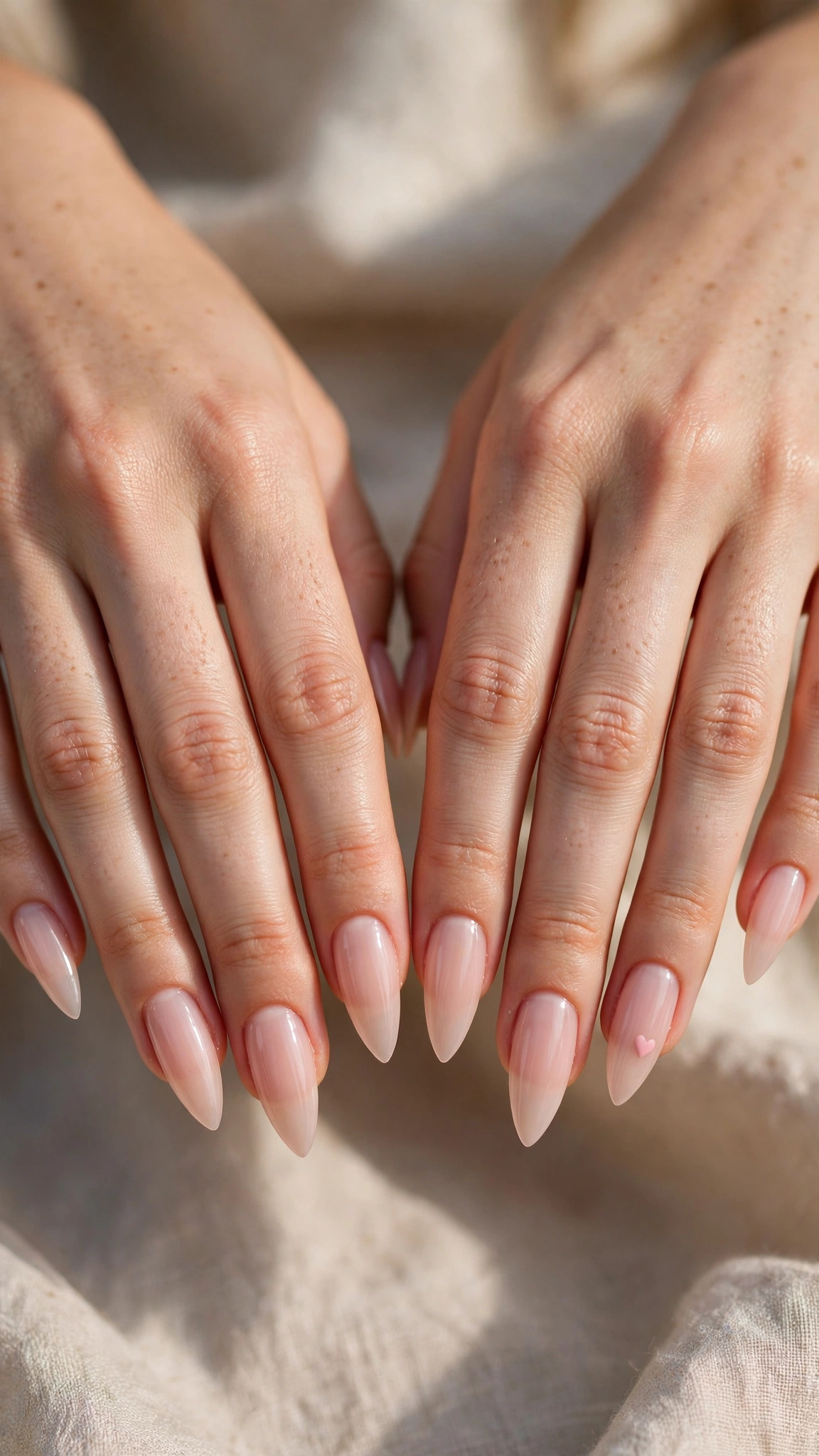 Romantic Nude Pink Nails in Soft Stiletto with Single Tiny Heart