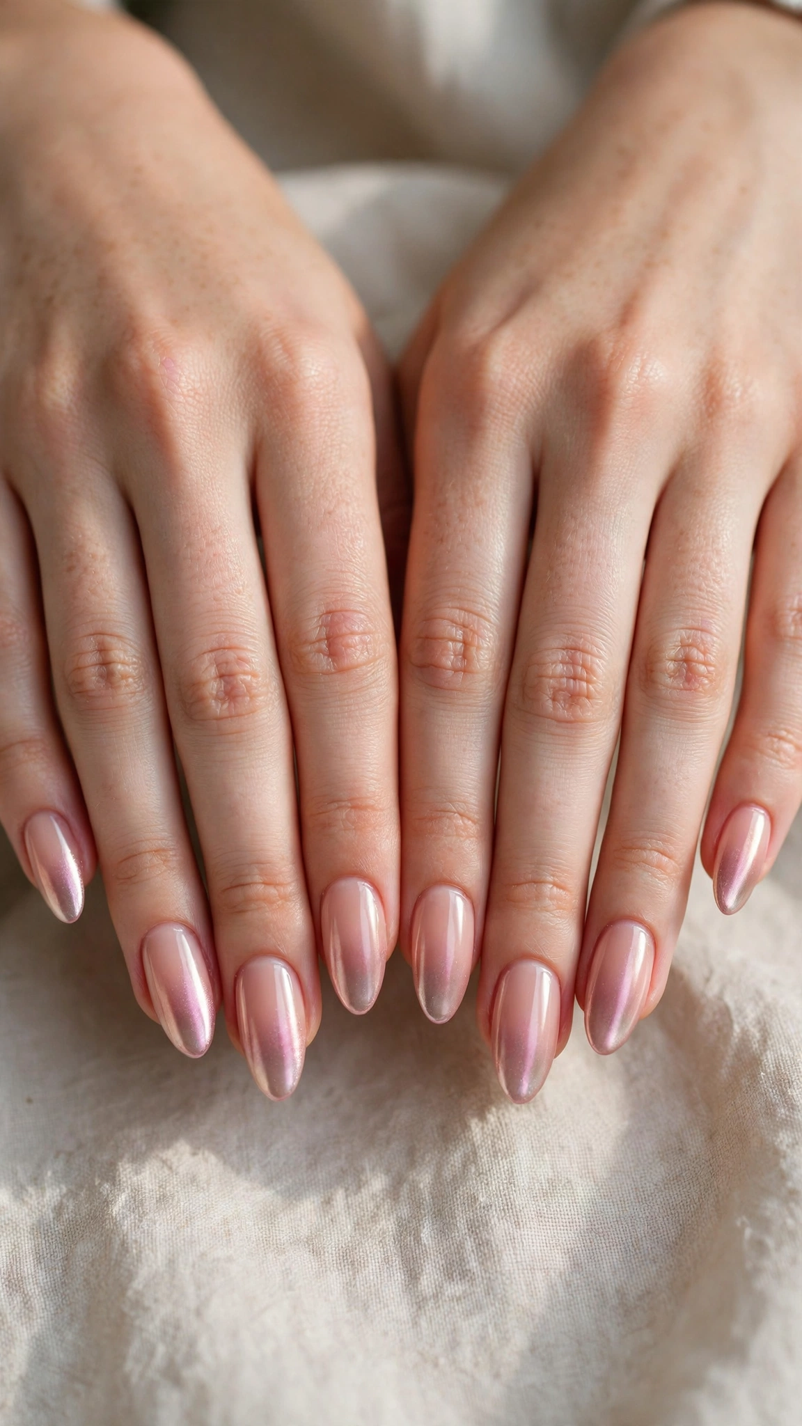 Romantic Nude Pink Nails in Almond with Soft Ombre Fade