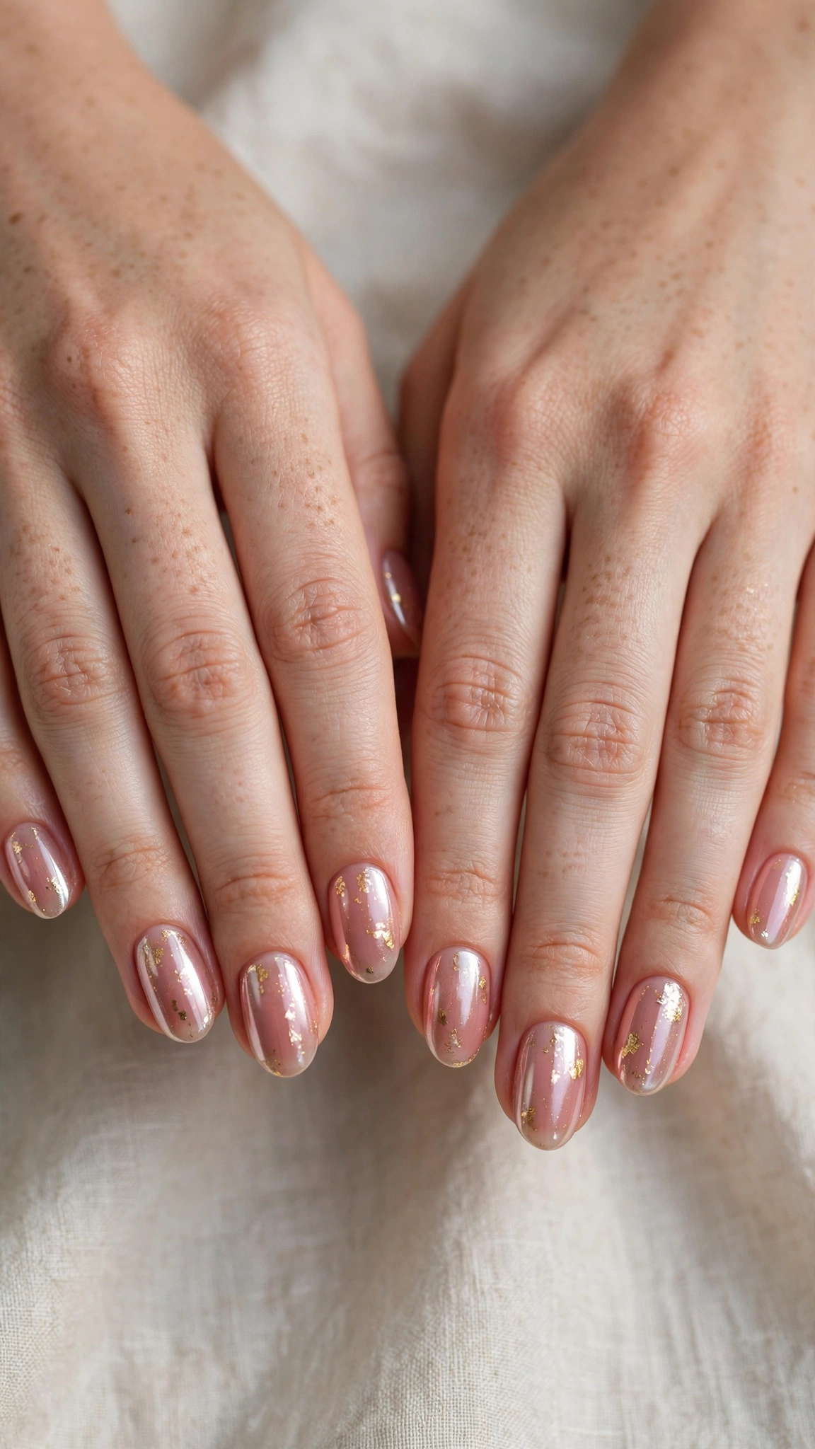 Romantic Nude Pink Nails in Oval with Fine Gold Foil Fleck