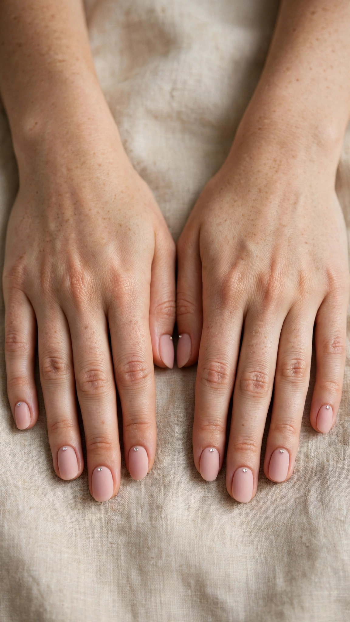 Romantic Nude Pink Nails in Short Oval with Tiny Crystal