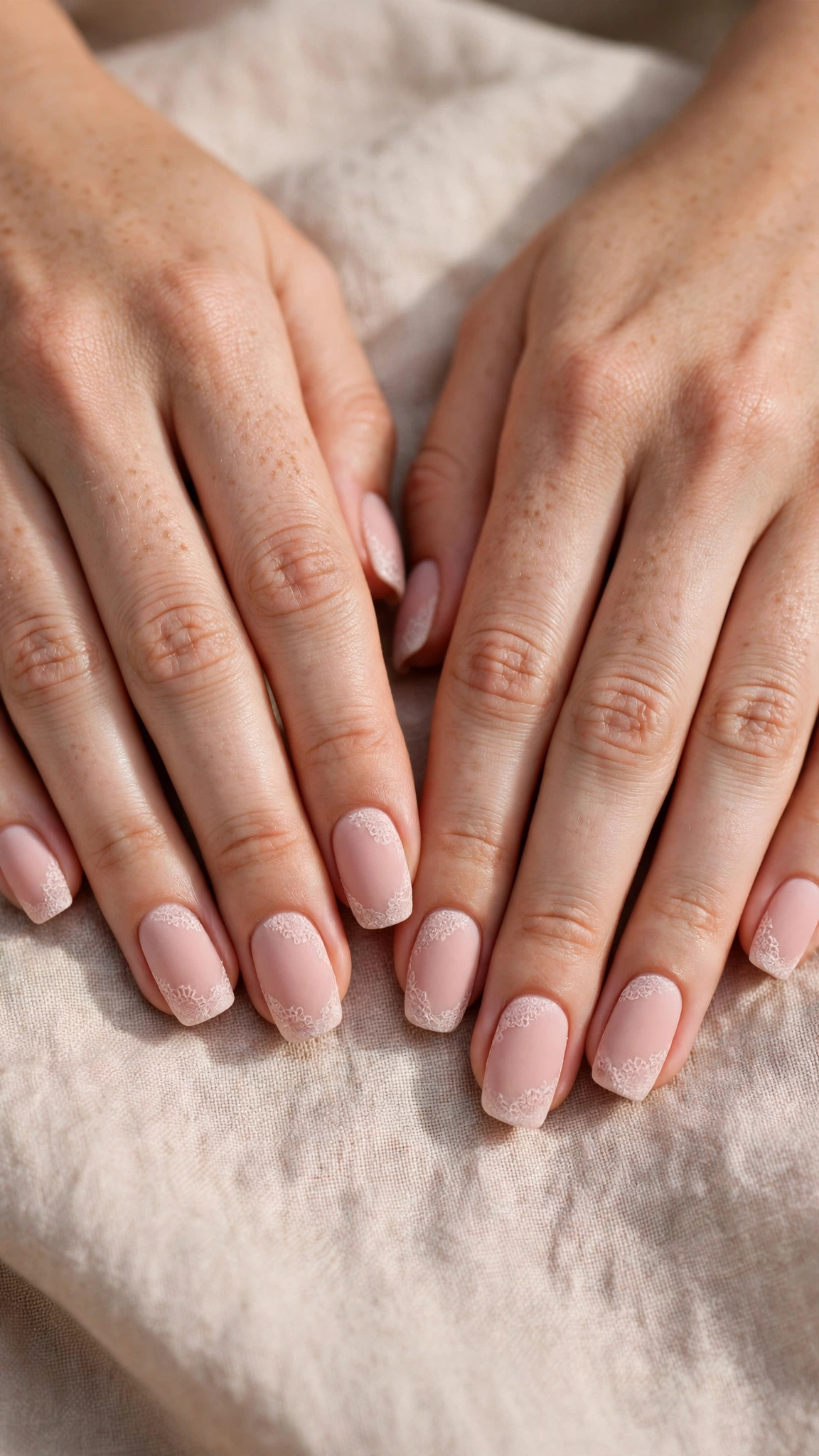 Romantic Nude Pink Nails in Rounded Square with Lace-Like Detail
