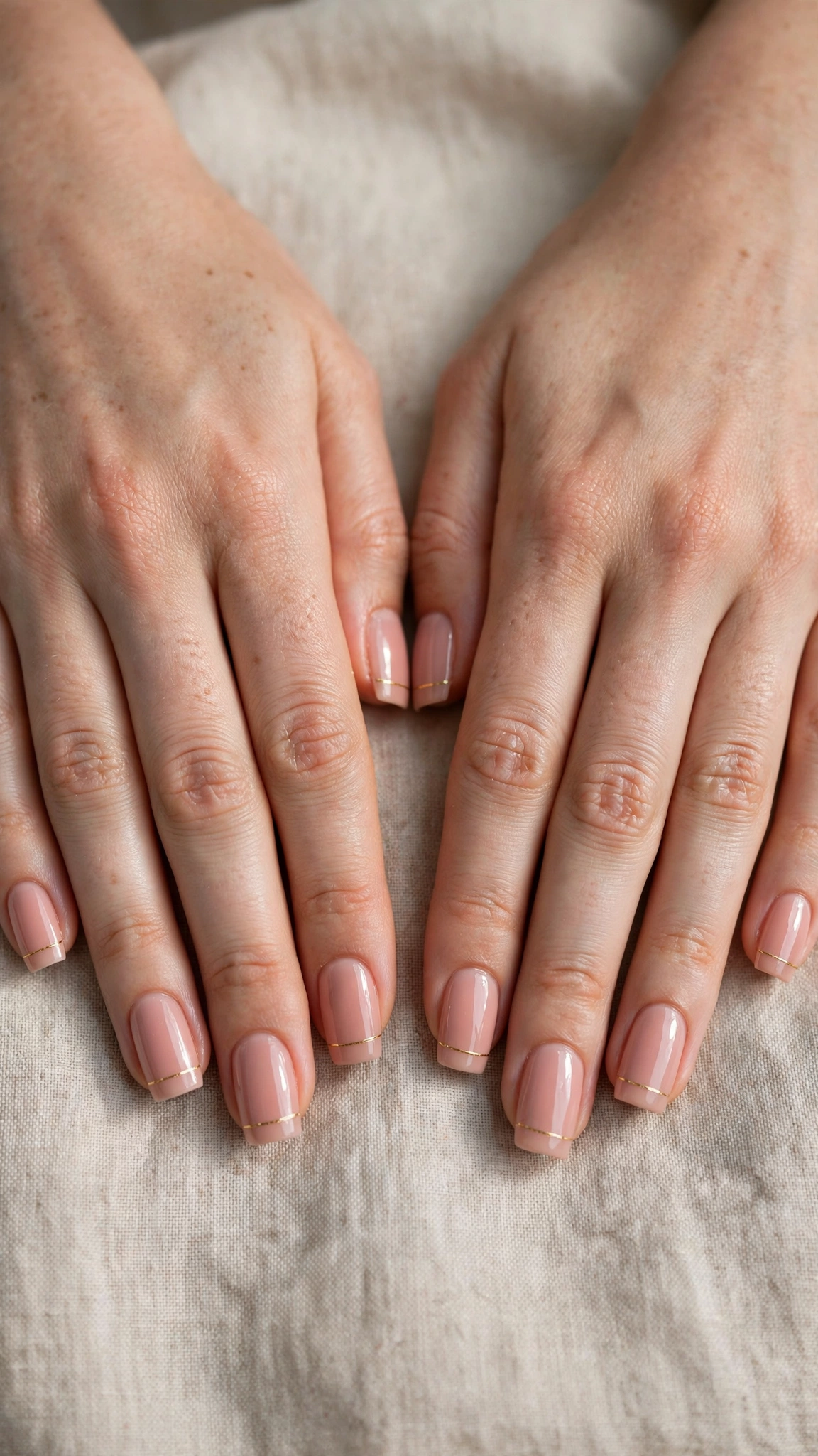 Romantic Nude Pink Nails in Square with Tiny Gold Line
