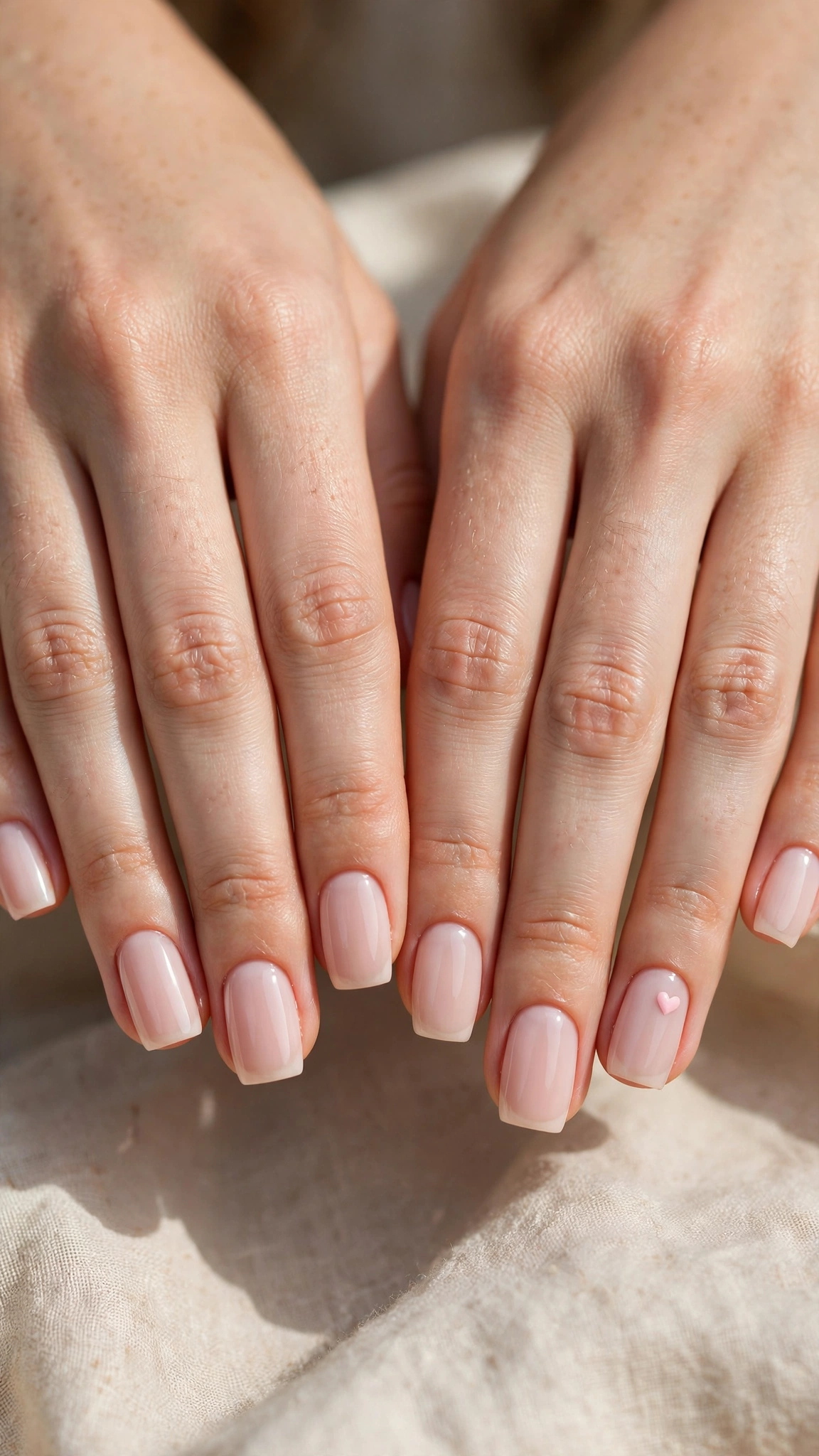 Romantic Nude Pink Nails in Short Square with Single Tiny Heart