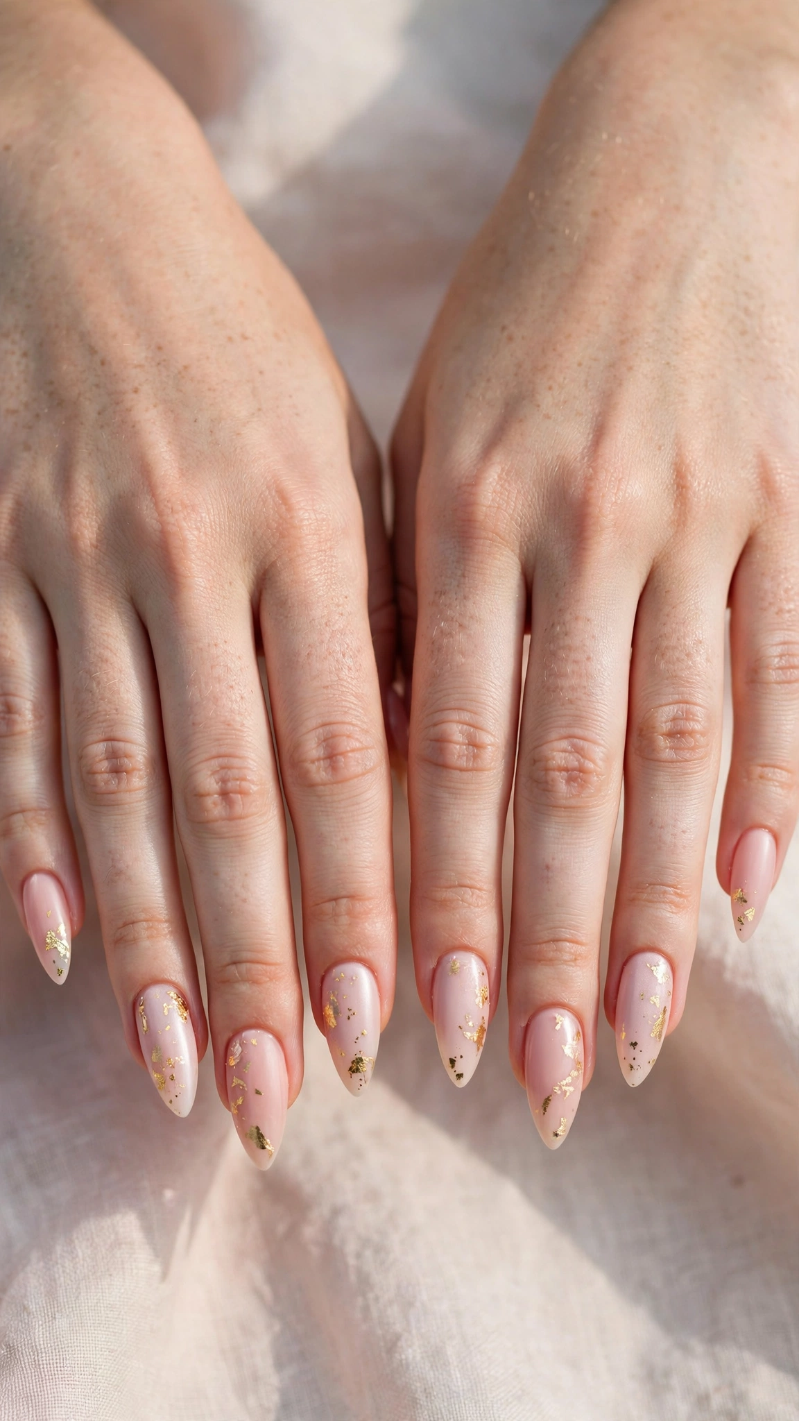 Romantic Nude Pink Nails in Soft Stiletto with Fine Gold Foil Fleck