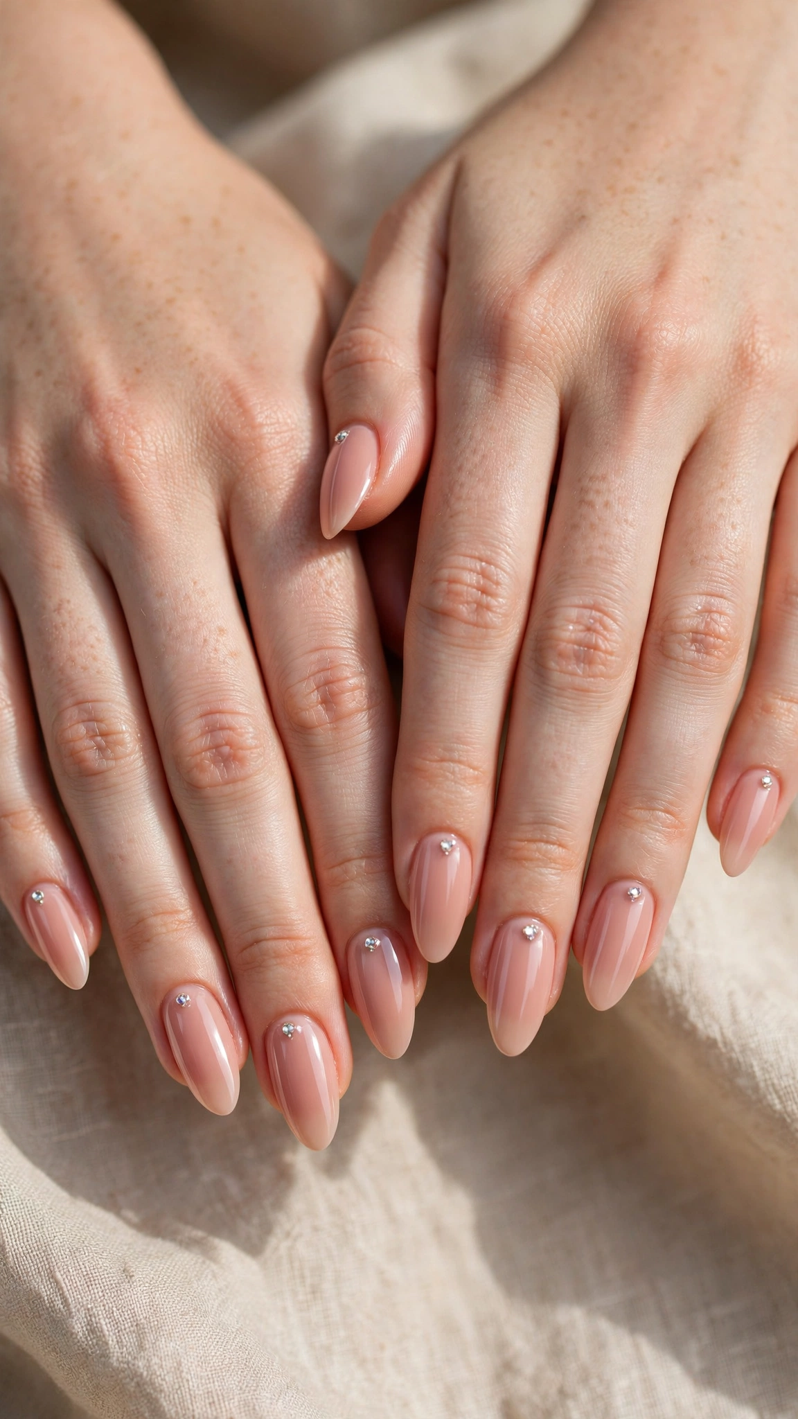 Romantic Nude Pink Nails in Almond with Tiny Crystal