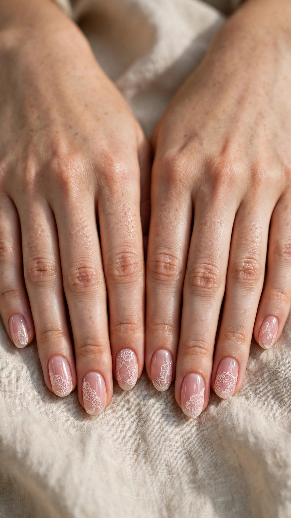 Romantic Nude Pink Nails in Oval with Lace-Like Detail