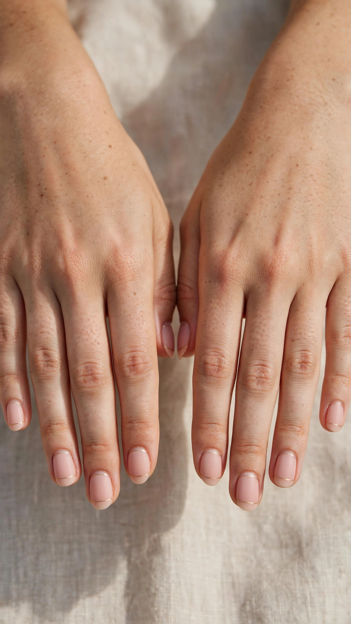 Romantic Nude Pink Nails in Short Oval with Tiny Gold Line