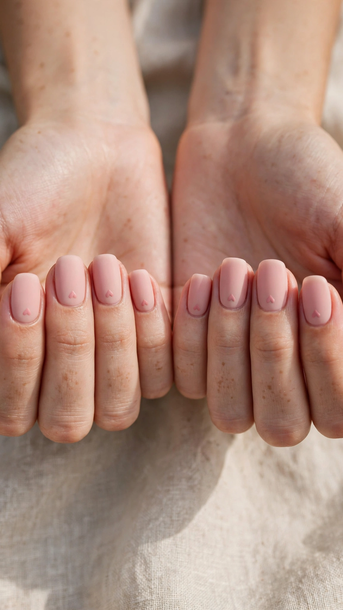 Romantic Nude Pink Nails in Rounded Square with Single Tiny Heart